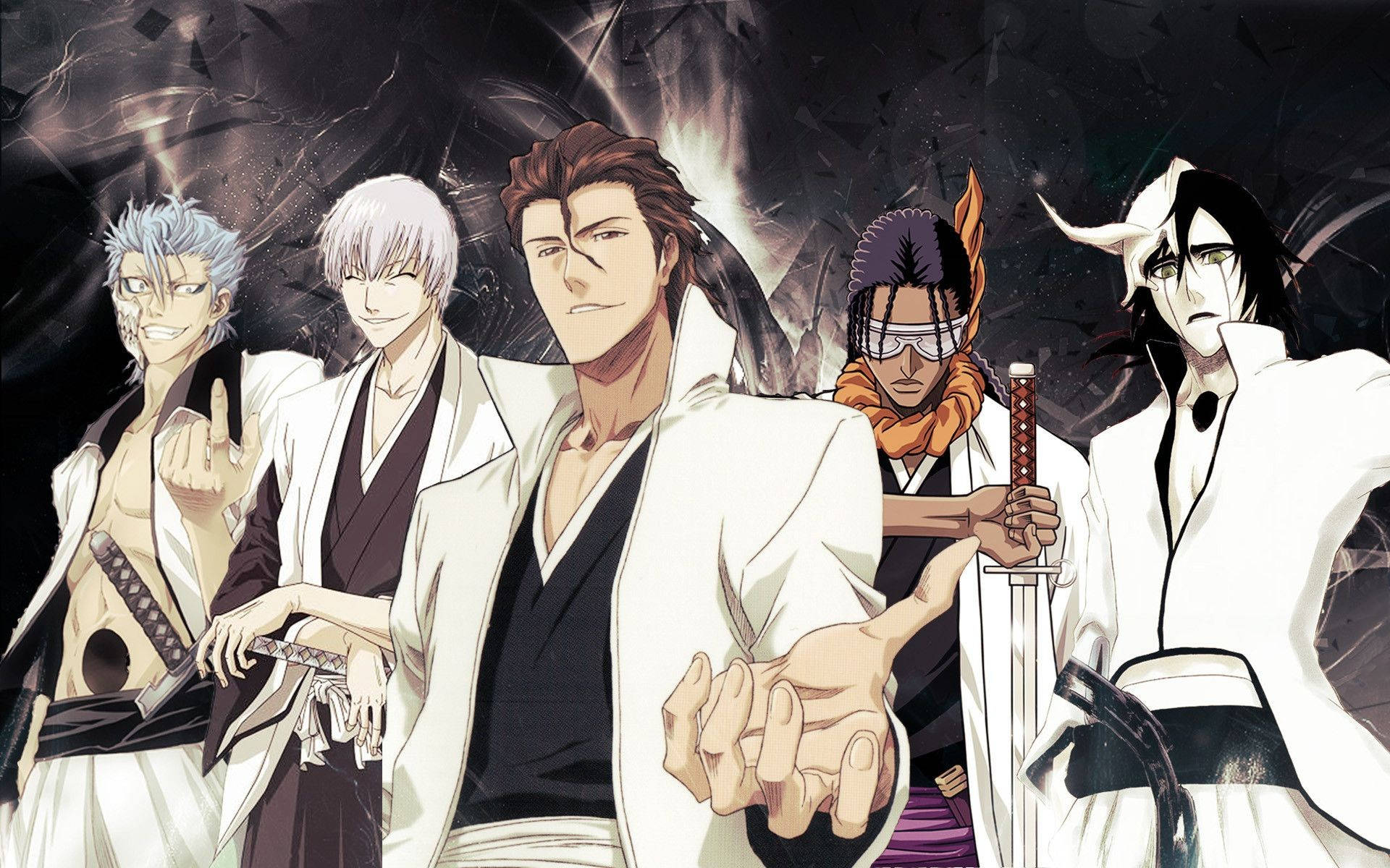 Aizen 桌布 壁紙 — 五個身穿白色長袍的動漫戰士，在黑暗破碎的背景中，散發著發光的能量，挑釁地站立著。