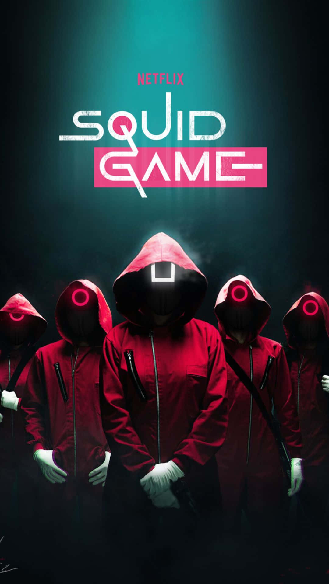 Squid Game iPhone 桌布 壁紙 — 五個身穿紅色連身衣、戴著發光紅色眼罩的人物站在黑暗房間的綠色聚光燈下，上方有「Squid Game」標誌。