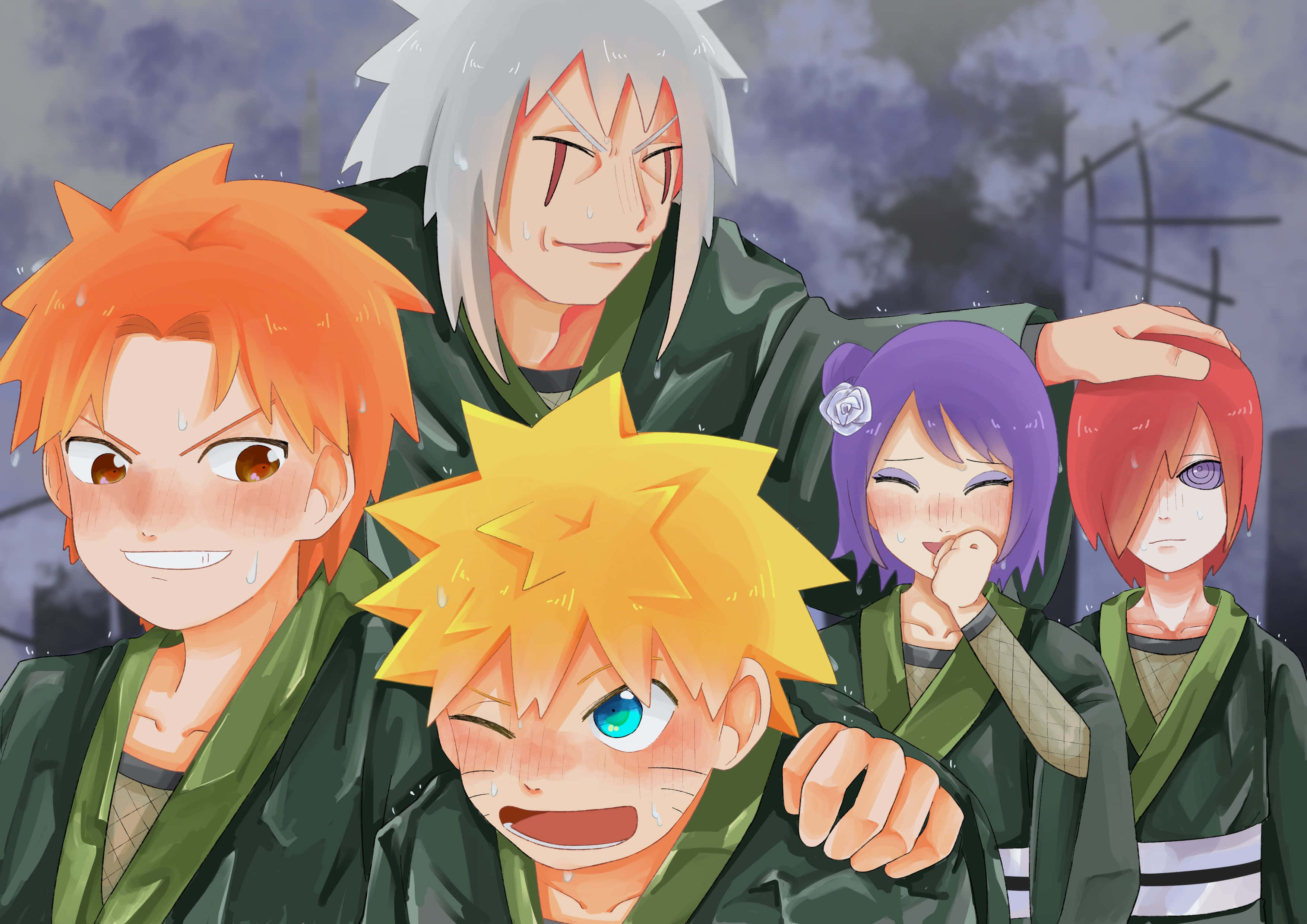 Akatsuki Yahiko 桌布 壁紙 — 五個身穿綠色忍者服裝的動漫角色在暴風雨的天空下站在一起，表情堅定而俏皮。