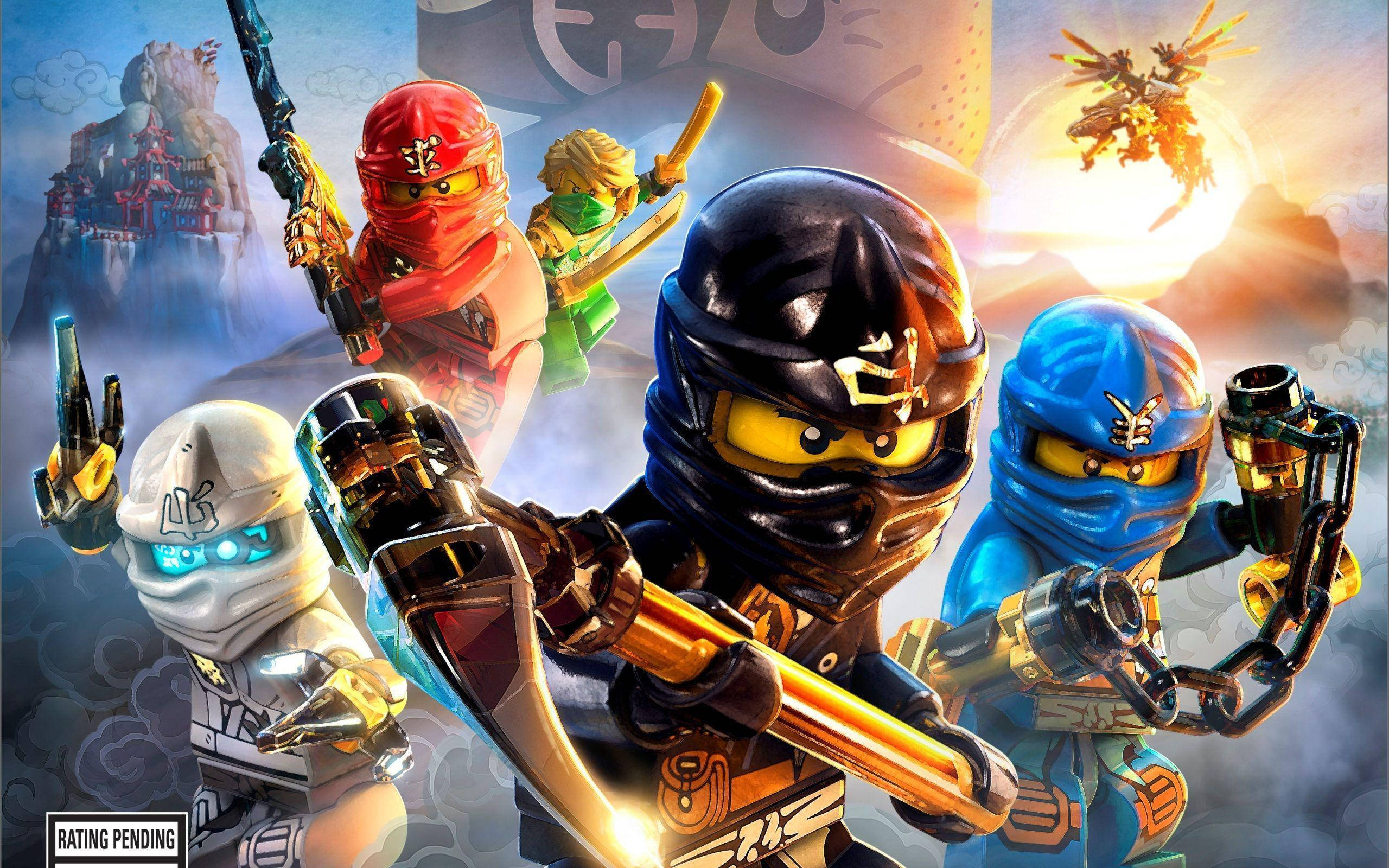 Ninjago 桌布 壁紙 — 五個身穿色彩繽紛忍者裝備的LEGO Ninjago角色，在神秘背景中英勇站立，背景有龍和漂浮寺廟。