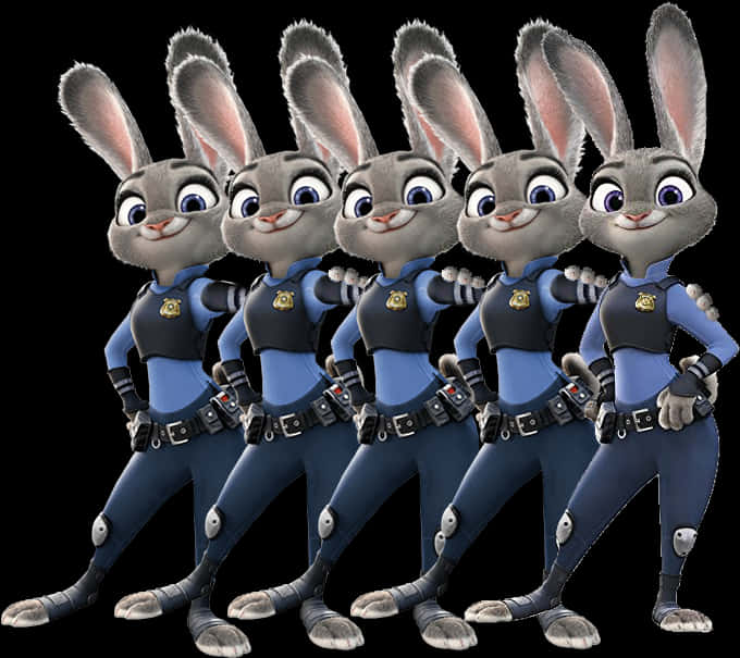 Disney Character 桌布 壁紙 — 五個身穿藍色制服、一模一樣的動畫警察兔角色在黑色背景前站成一排。