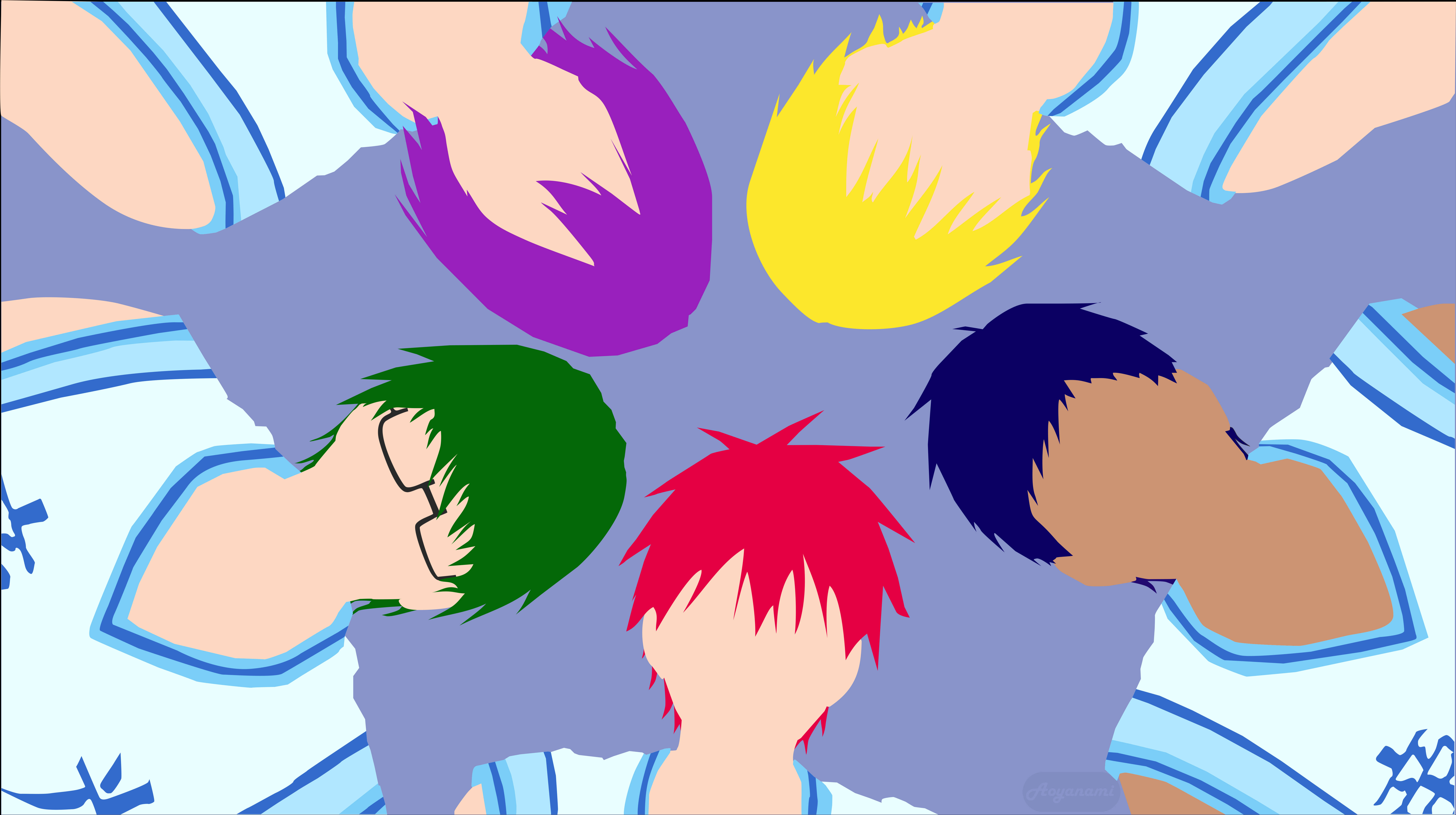 Kuroko No Basket 桌布 壁紙 — 五個身穿藍色球衣的動漫籃球運動員，頭髮顏色鮮豔，聚在一起。