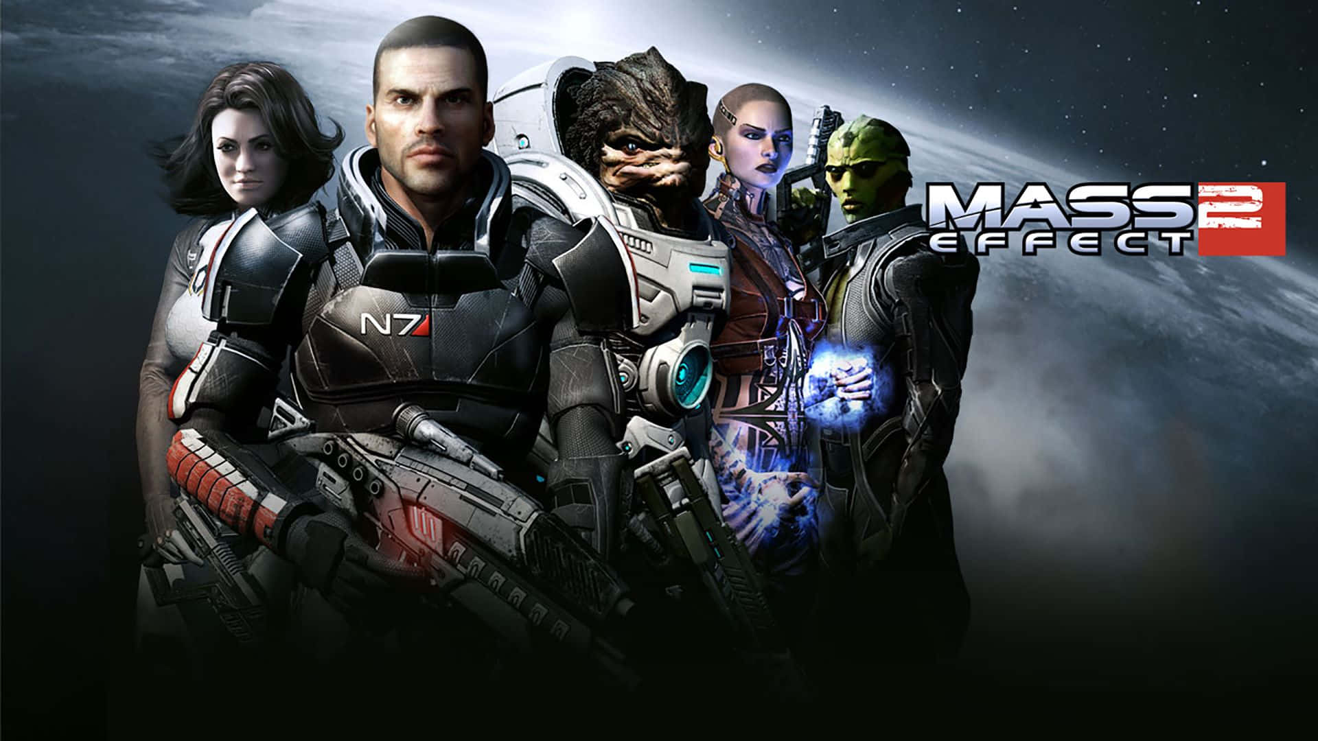 Mass Effect 2 桌布 壁紙 — 五個身穿裝甲的科幻角色，在繁星點點的太空背景下，遠處有一顆行星，英勇地站立著。