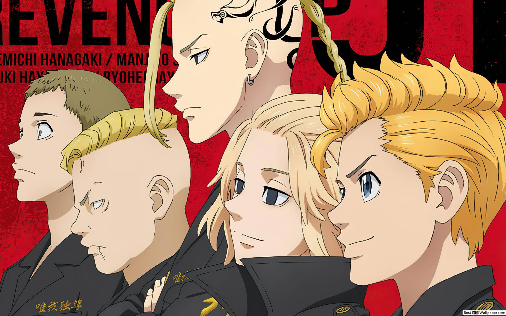 Draken 桌布 壁紙 — 五個身穿黑色外套的動漫角色在鮮紅色背景前擺姿勢，並帶有風格化文字。