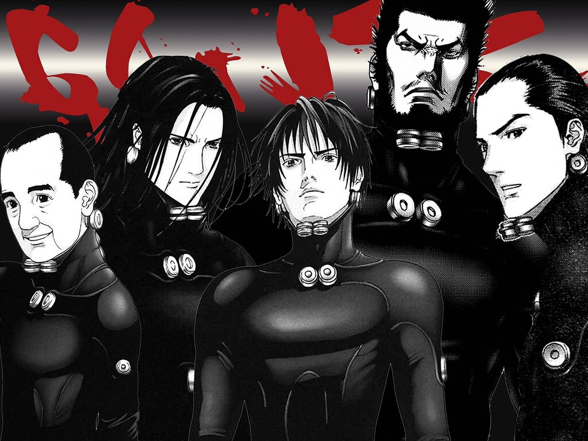 gantz 桌布 壁紙 — 五個身穿黑色戰術服的動漫角色站在帶有紅色飛濺和風格化文字的黑暗背景前。