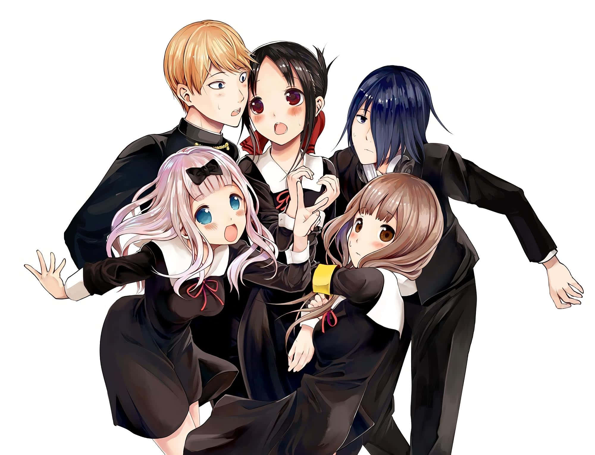 Kaguya Sama Love Is War 桌布 壁紙 — 五個身穿黑色校服的動漫角色在純白色背景前頑皮地擺姿勢。