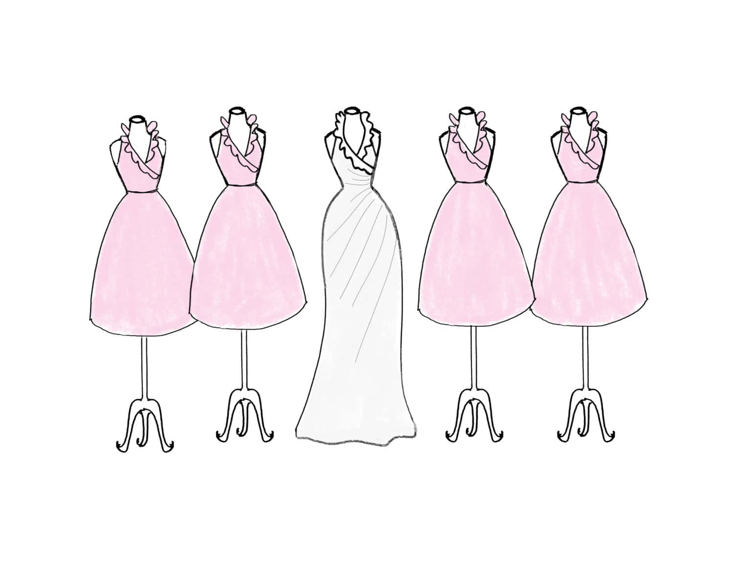 Bridesmaids 桌布 壁紙 — 五個連衣裙模特兒展示粉紅色和白色的復古風格禮服，荷葉邊領口，背景為純白色。