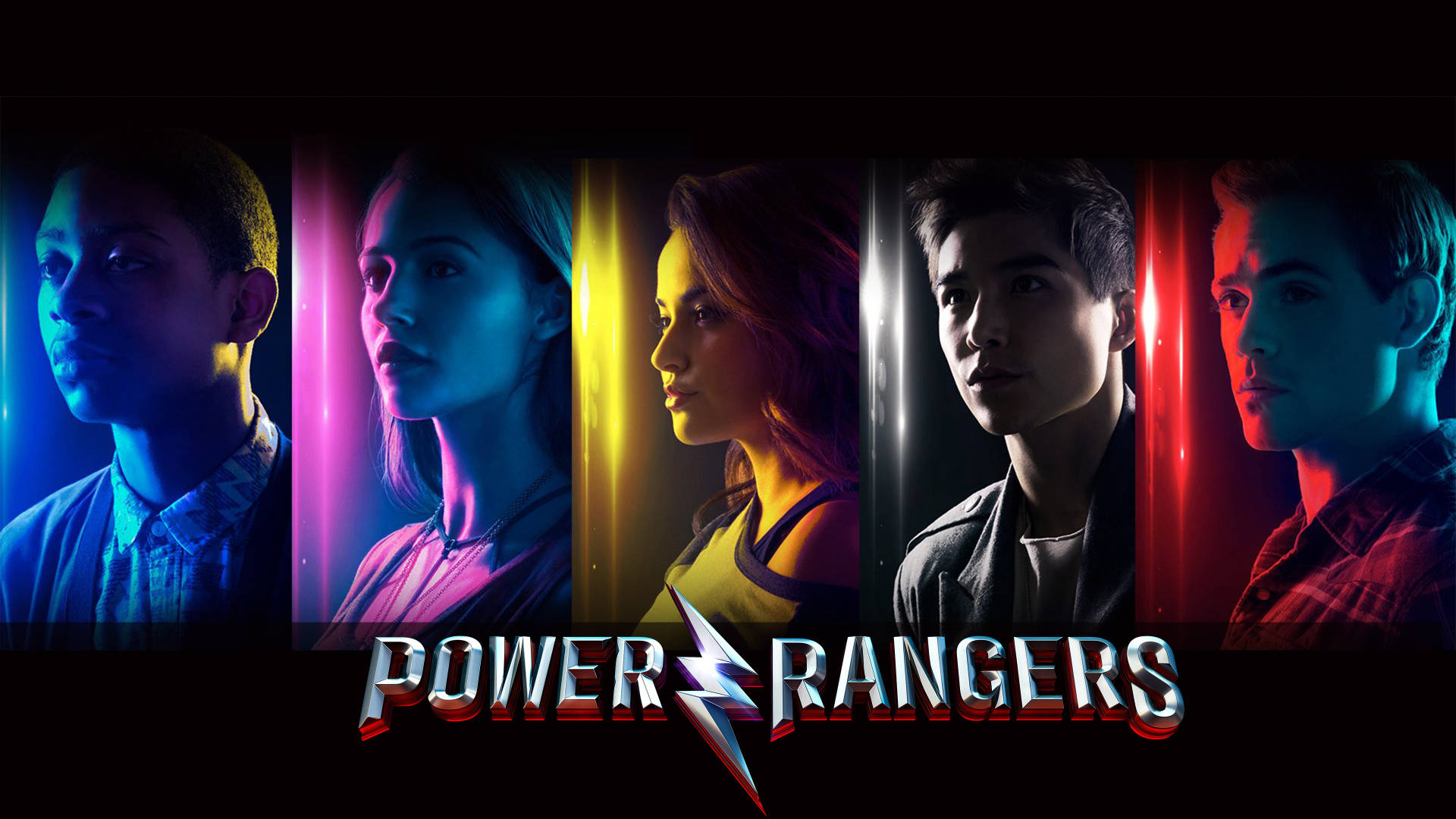 Power 桌布 壁紙 — 五個金剛戰士角色以側面輪廓顯示，背景為彩色光束，下方有標題標誌。