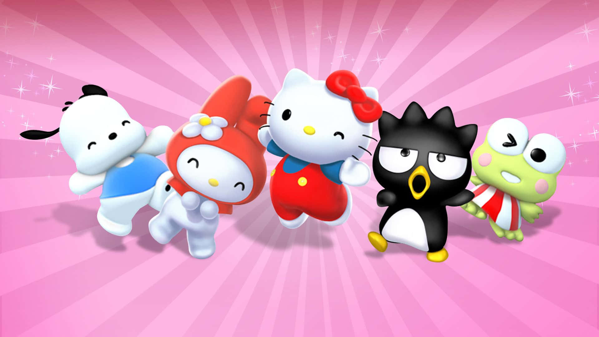 Hello Kitty And Friends 桌布 壁紙 — 五個開心的Sanrio角色在閃爍的粉紅色放射背景上歡快地跳舞。