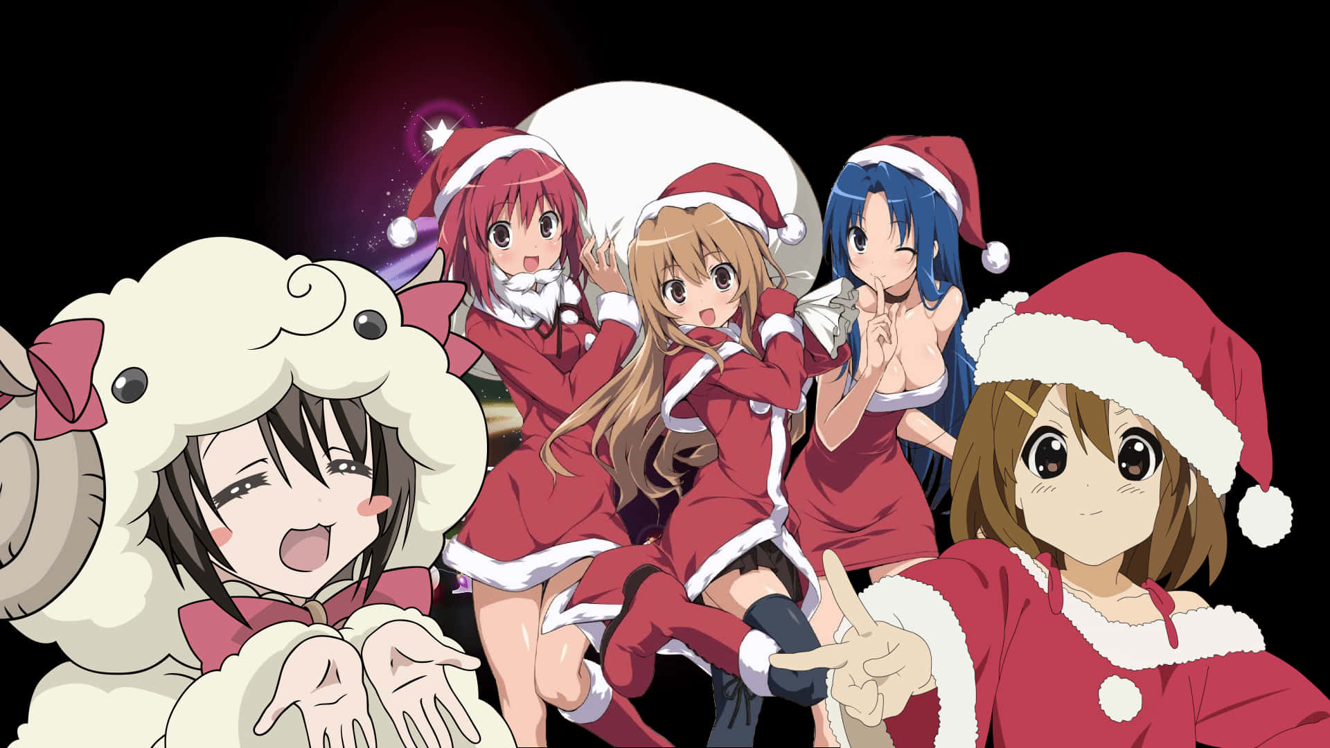 動漫聖誕 桌布 壁紙 — 五個開心的動畫女孩穿著節日紅色聖誕老人服裝，在黑暗的宇宙背景前，伴隨著發光的月亮，俏皮地擺姿勢。