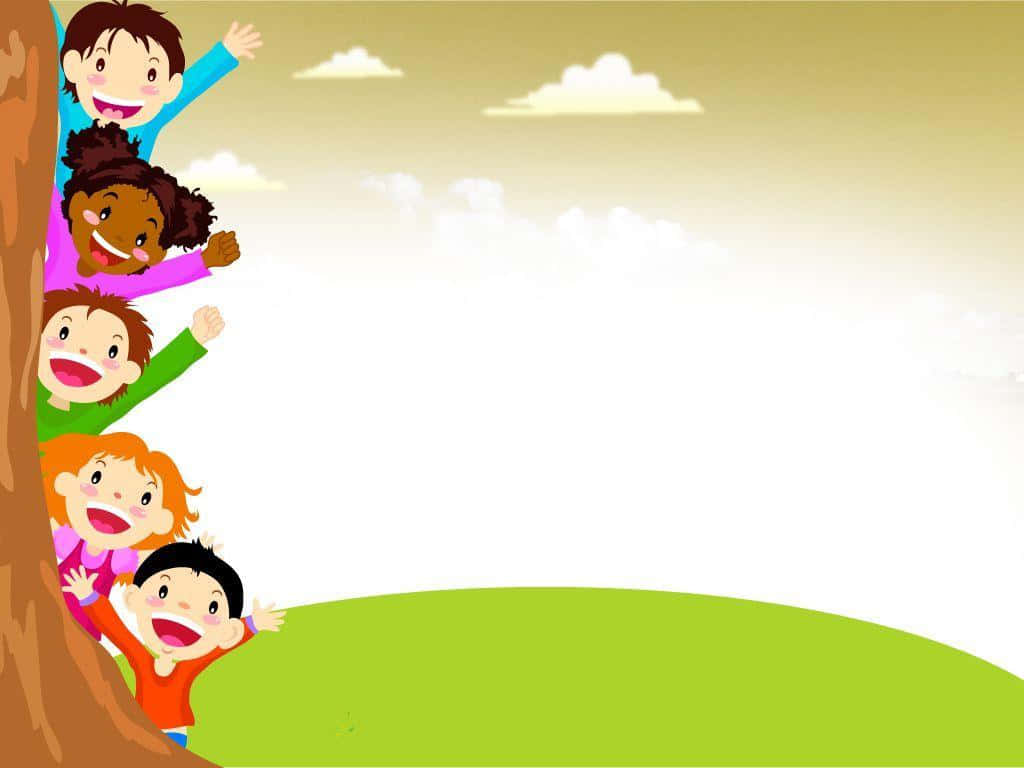 小孩動圖 桌布 壁紙 — 五個開心的卡通小孩在明亮的戶外場景中從樹幹後面探出頭來。