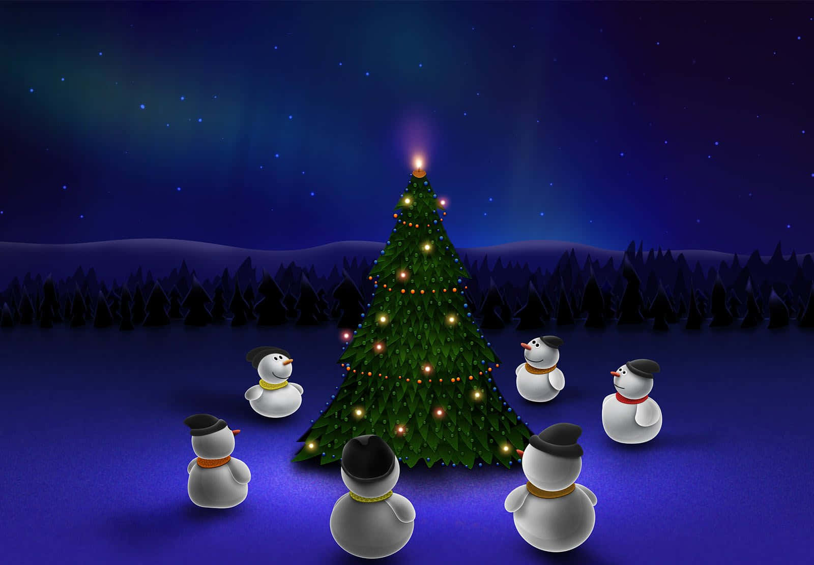 Christmas Eve 桌布 壁紙 — 五個雪人聚集在閃爍的聖誕樹周圍，在星光燦爛的冬夜天空下。
