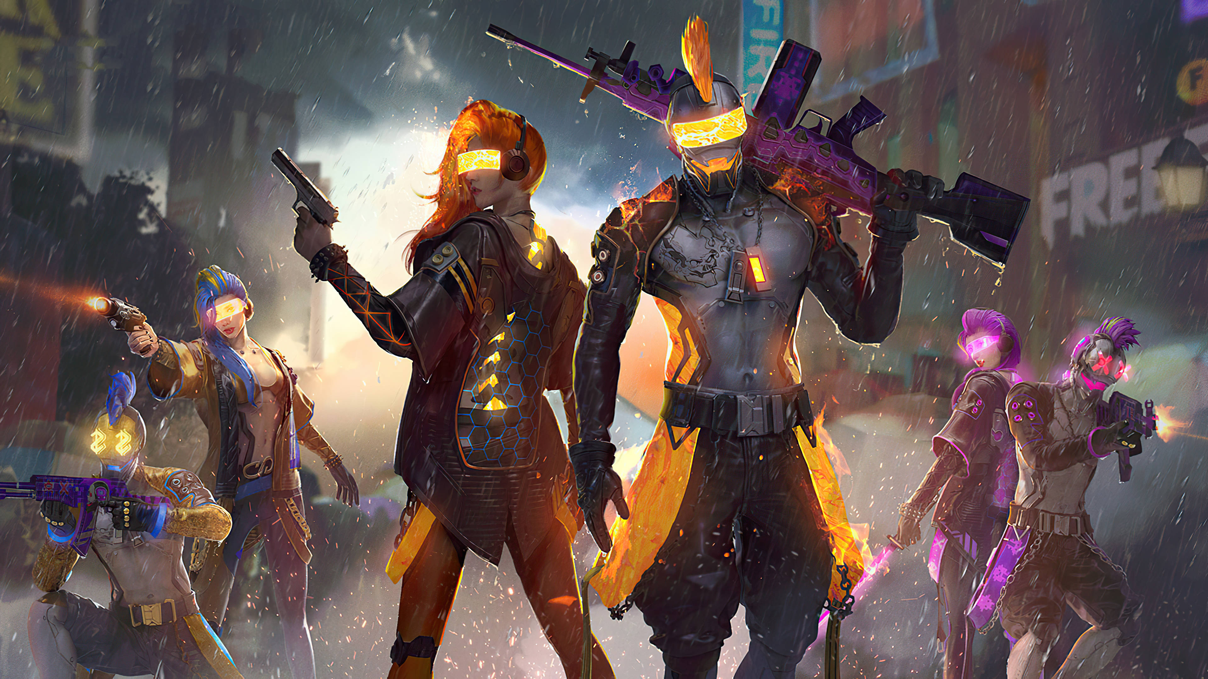 free fire 2021 桌布 壁紙 — 五個霓虹燈照亮的賽博龐克戰士，手持發光武器，站在雨中的城市小巷，閃爍的招牌下。