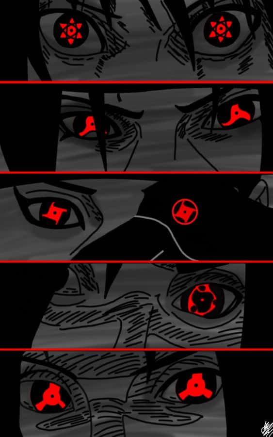 Naruto Eyes 桌布 壁紙 — 五個面板展示了動漫角色的眼睛在黑暗背景上閃爍著不同的紅色神秘符號。