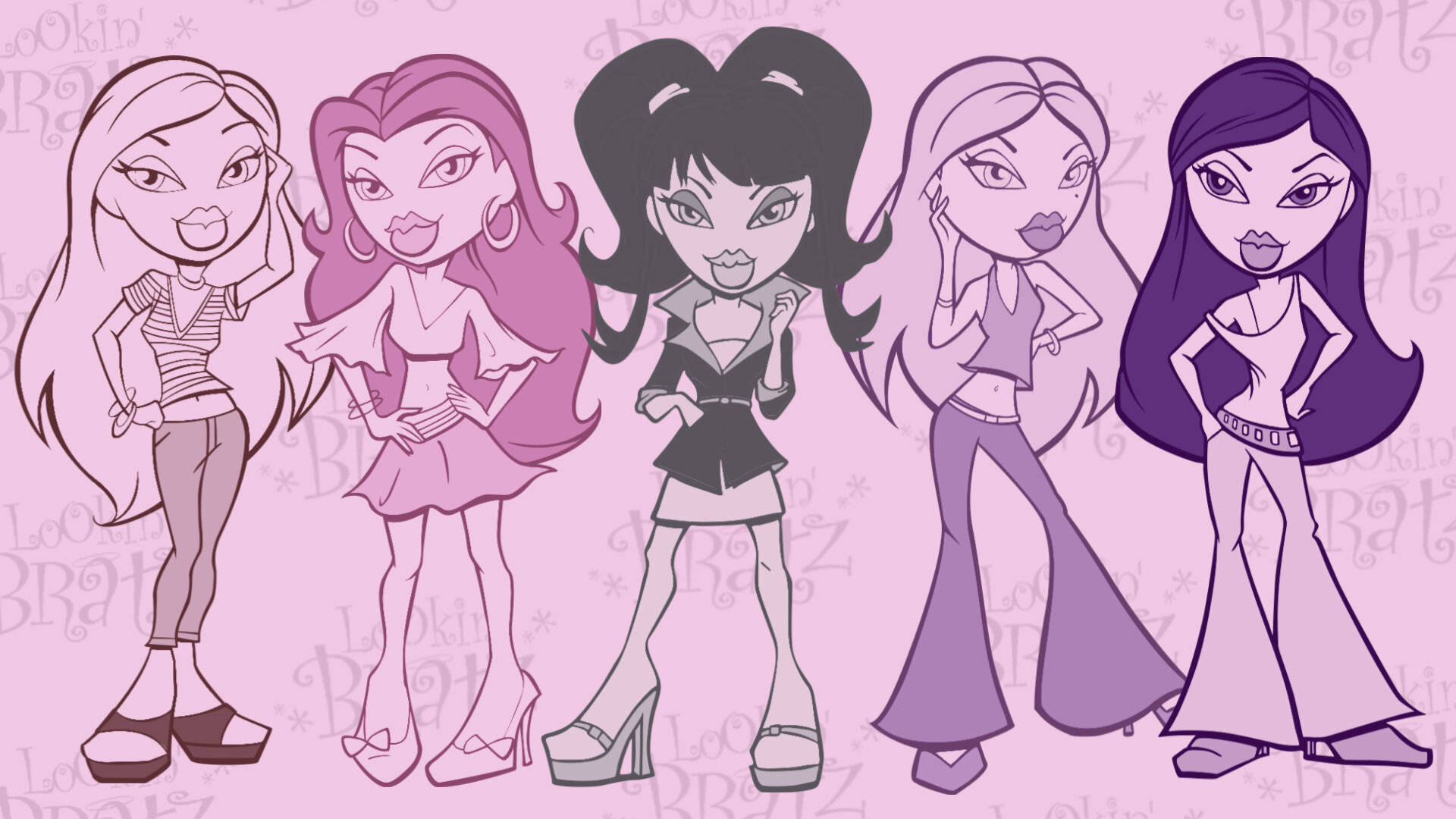 bratz 美學 桌布 壁紙 — 五個風格化的 Bratz 公仔以充滿活力的紫色調，在帶有重複標誌浮水印的粉紅色背景上自信地擺姿勢。