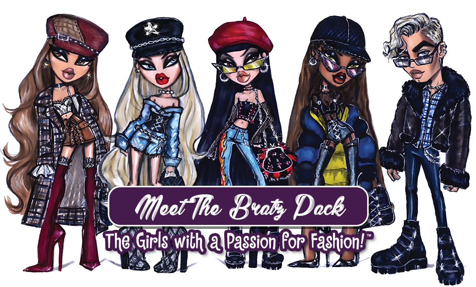 時尚精靈 桌布 壁紙 — 五個風格化的 Bratz 娃娃，以前衛時尚姿勢展現，搭配大膽配飾和戲劇化妝容。