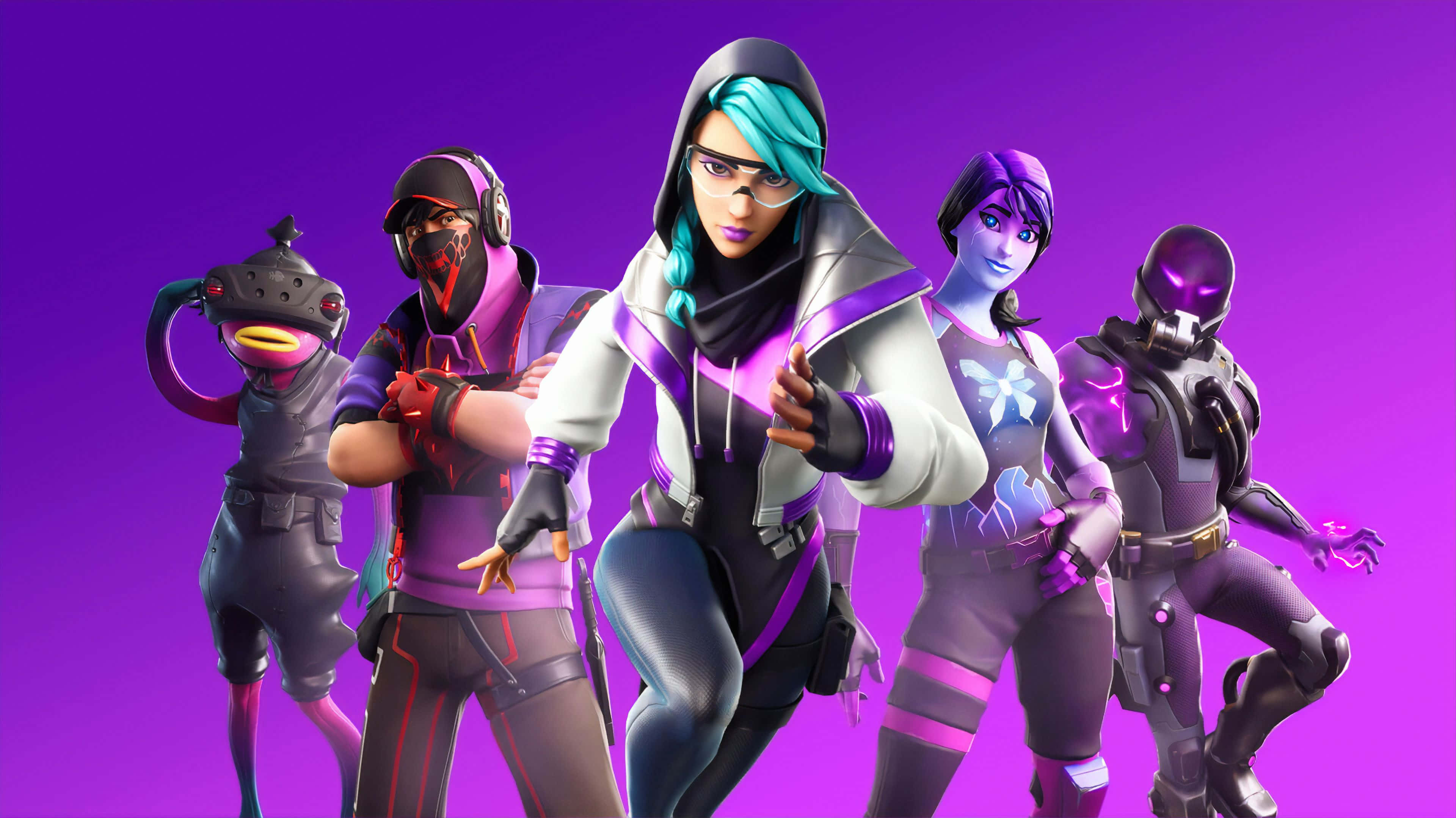 桌布 壁紙 — 五個風格化的 Fortnite 角色穿著未來主義服裝，在充滿活力的紫色背景前動態擺姿勢。