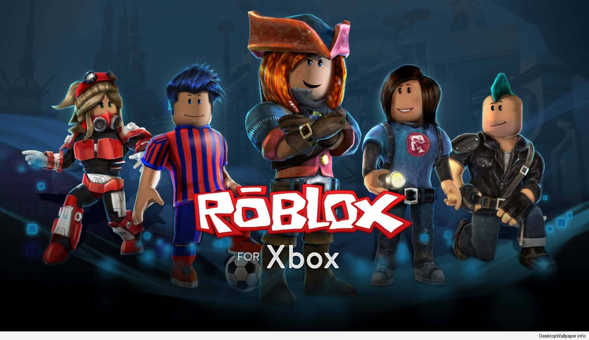 Roblox 桌布 壁紙 — 五個風格化的 Roblox 頭像穿著色彩繽紛的服裝，自信地站在黑暗發光的數位背景前，帶有 Roblox for Xbox 標誌。