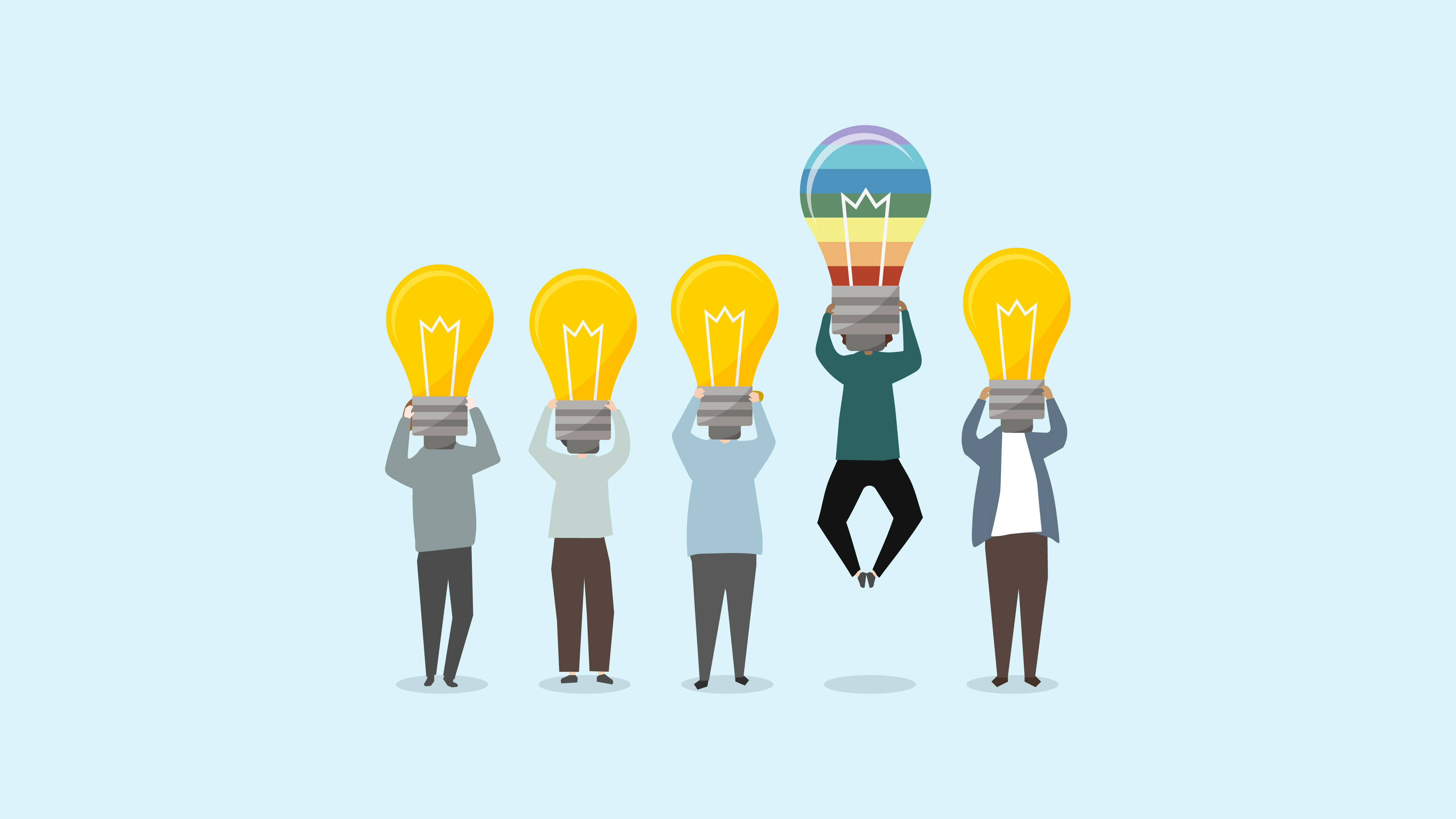 Leadership 桌布 壁紙 — 五個風格化的人物在淡藍色背景上將發光的燈泡舉過頭頂，其中一人快樂地跳躍，拿著彩虹燈泡。