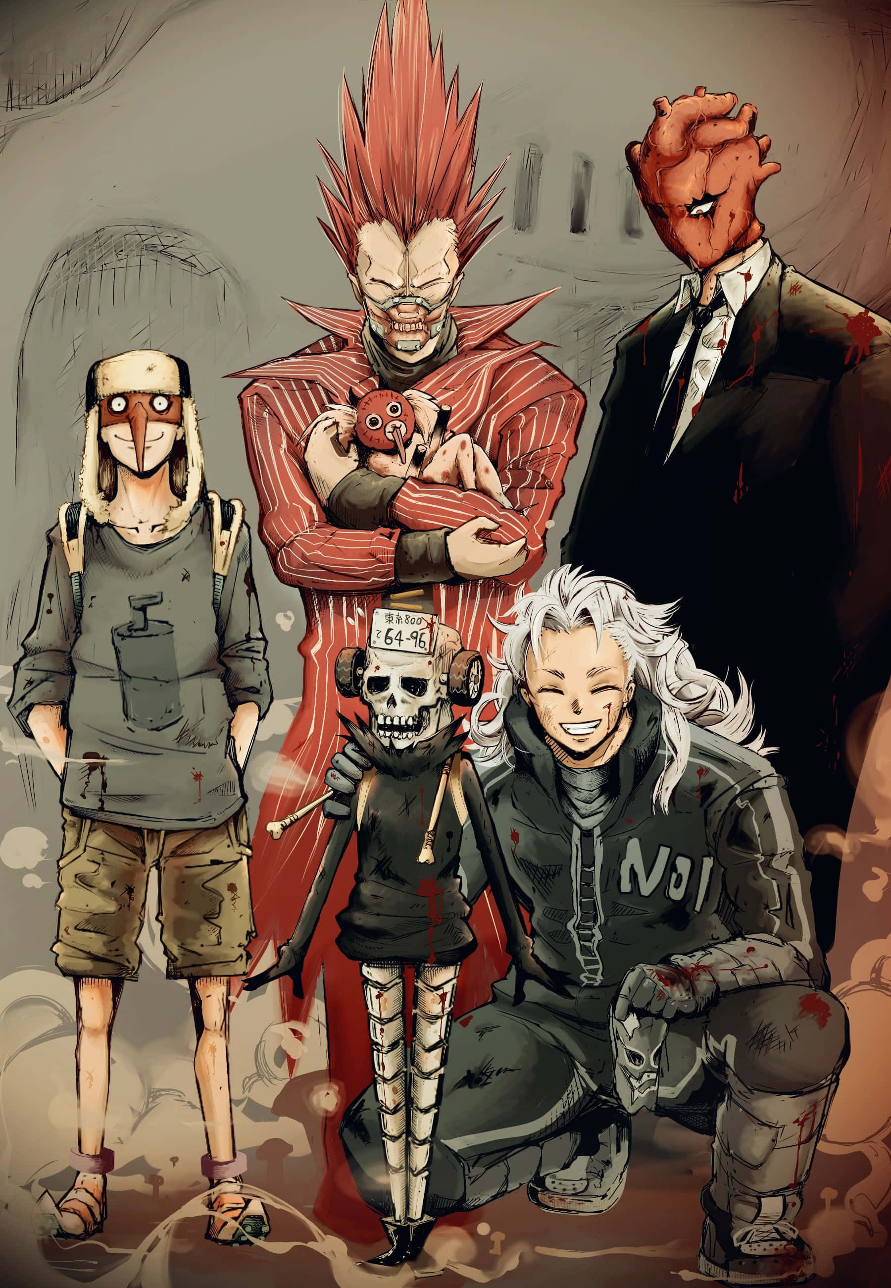 dorohedoro 桌布 壁紙 — 五個風格化的動漫角色，具有怪誕特徵和血跡，在一個陰暗、黑色幽默的場景中一起擺姿勢。
