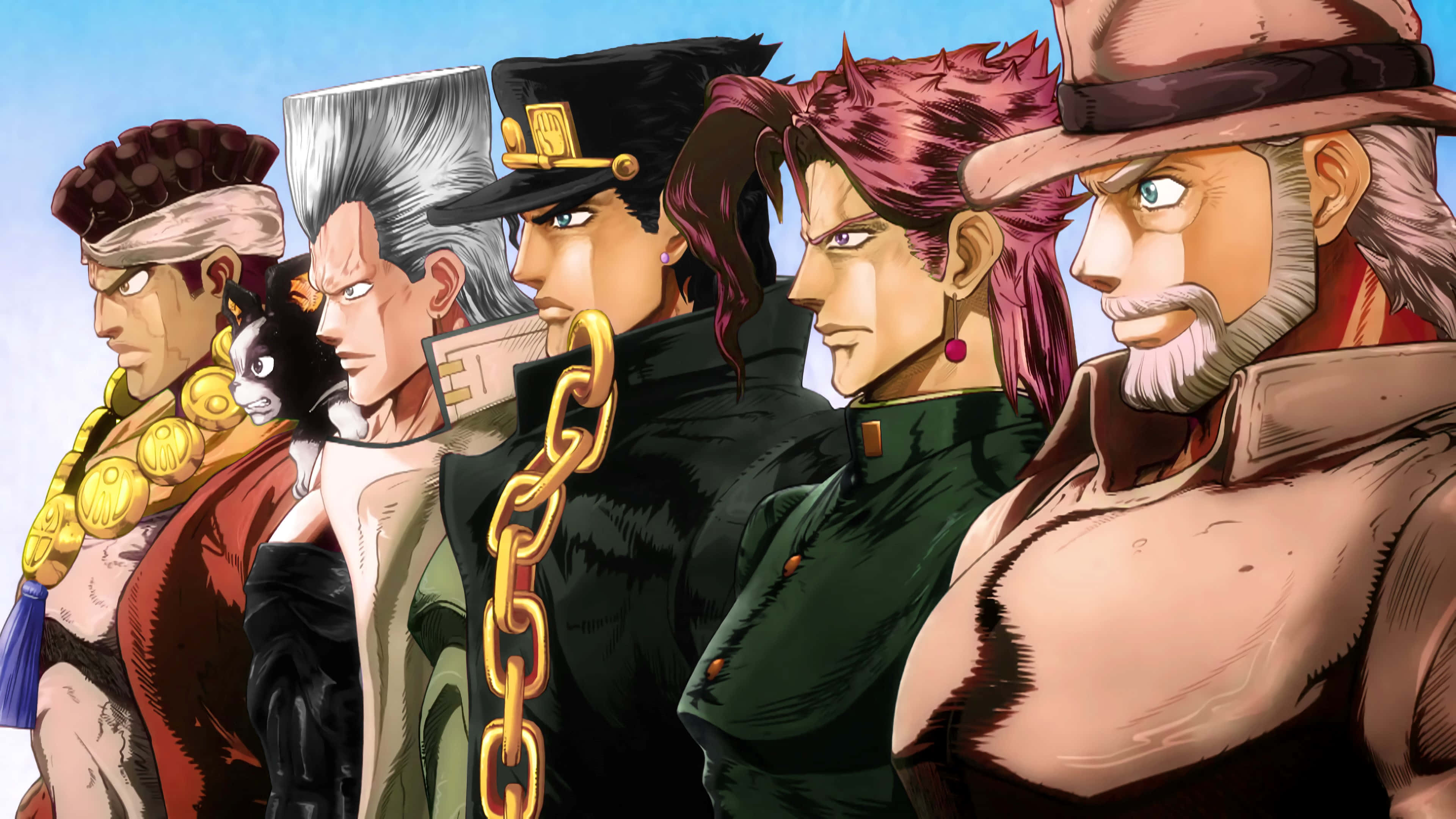 Stardust Crusaders 桌布 壁紙 — 五個風格化的動漫角色，穿著不同的服裝和表情，在晴朗的藍天下排成一排。