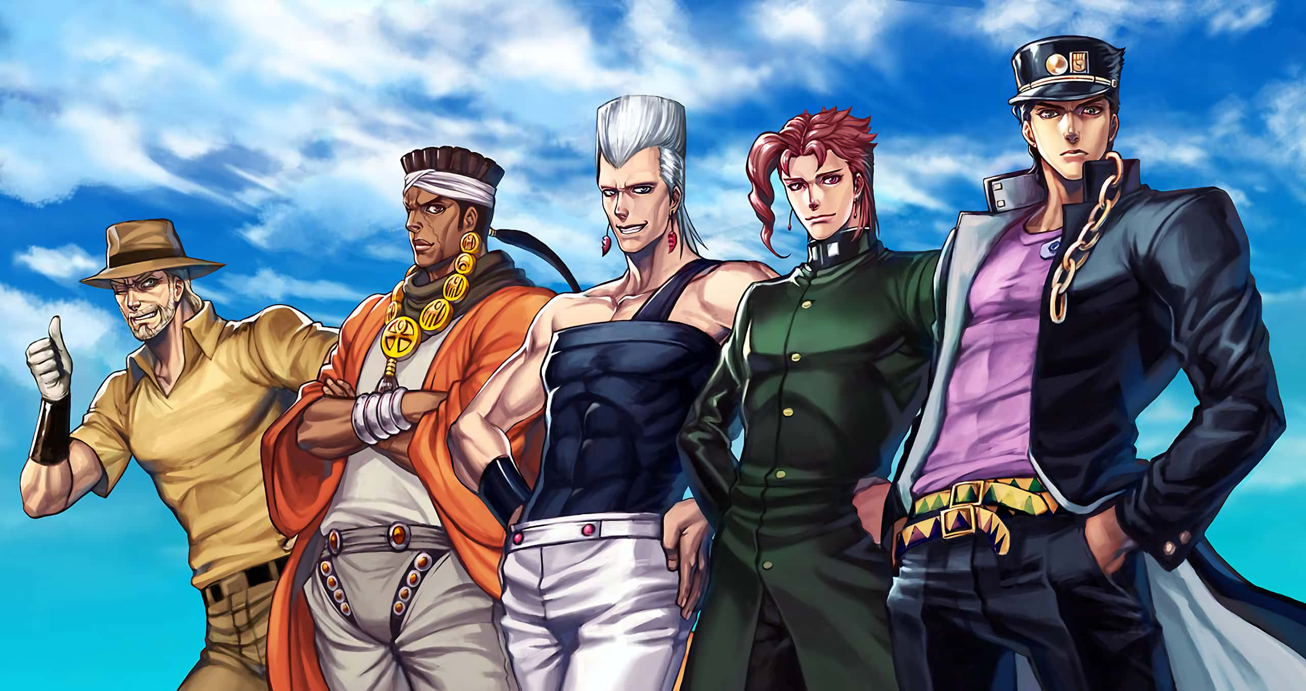 Jjba 桌布 壁紙 — 五個風格化的動漫角色自信地站在明亮的藍天和蓬鬆的白雲前。