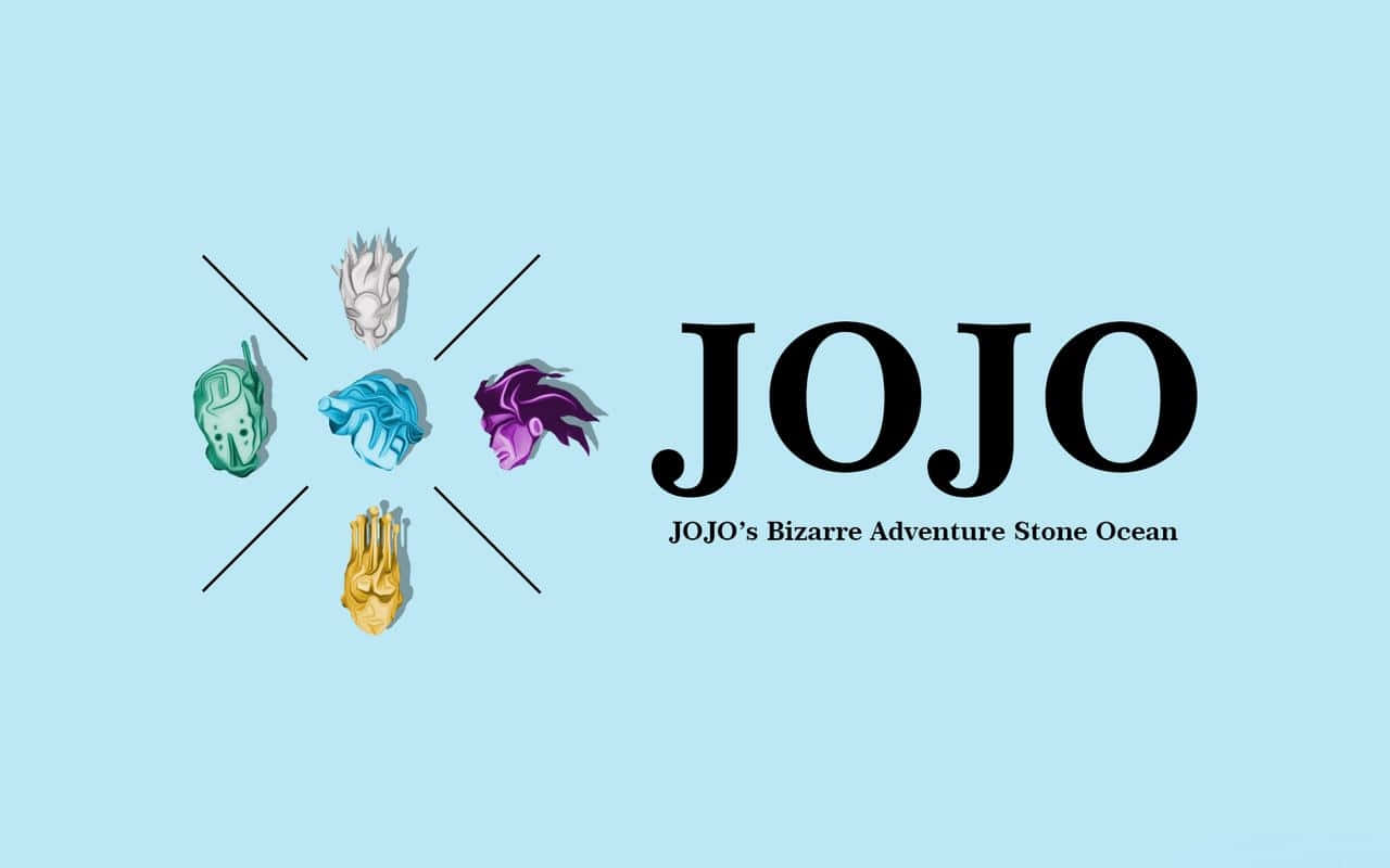 Jojo's Bizarre Adventure 桌布 壁紙 — 五個風格化的動漫角色頭像以鮮豔色彩排列在粗體「JOJO」標誌周圍，背景為淺藍色。