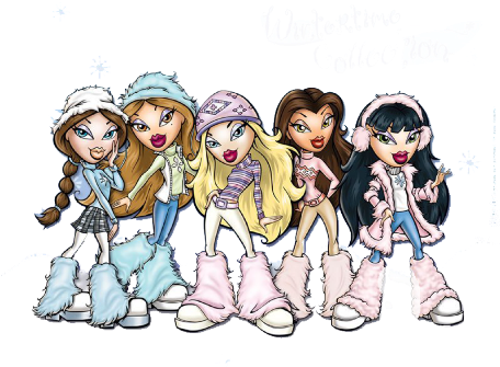 Bratz 桌布 壁紙 — 五個風格化的卡通女孩穿著冬季裝備，在帶有雪花和「Wintertime Collection 2010」文字的黑色背景前擺姿勢。