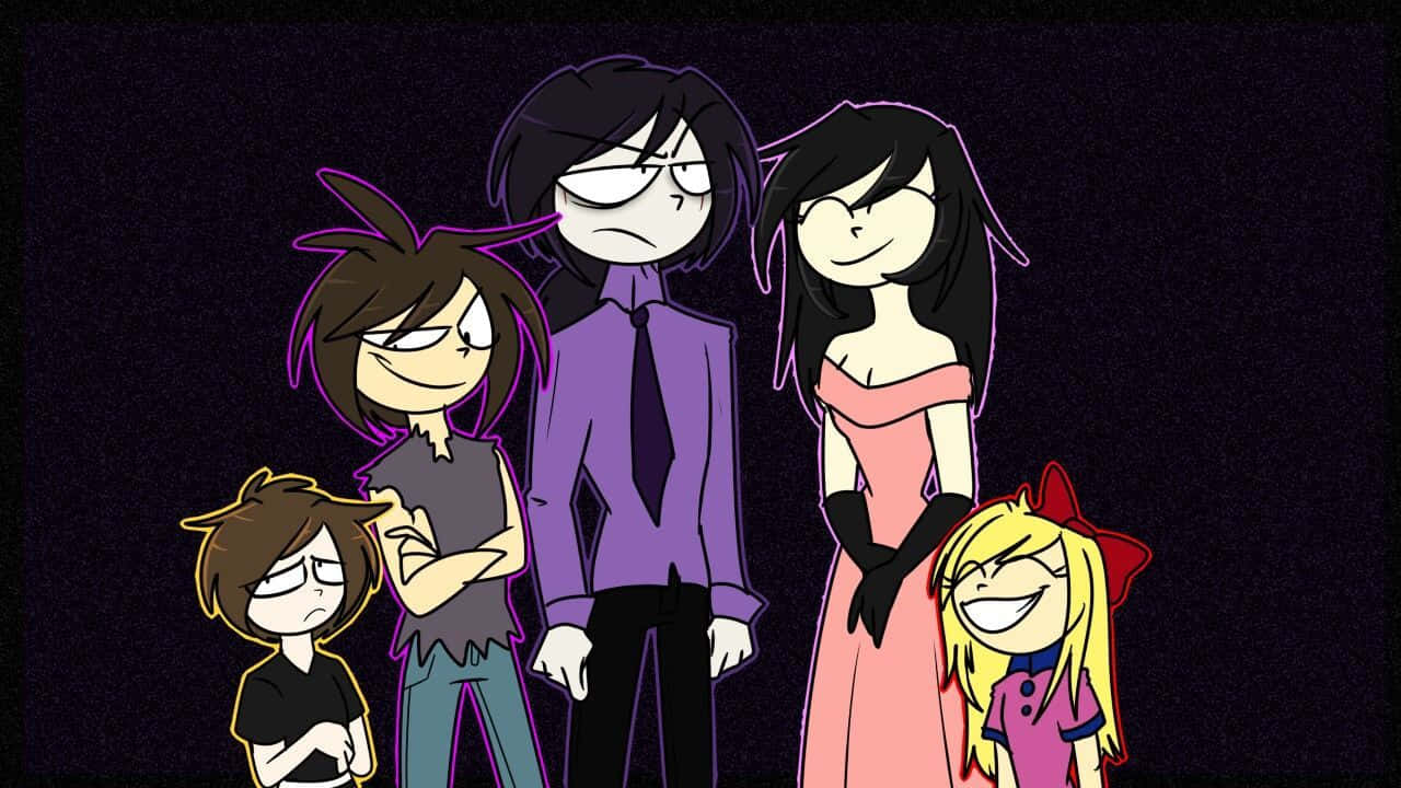 Afton Family 桌布 壁紙 — 五個風格化的卡通角色，表情各異，站在深色紋理背景前。