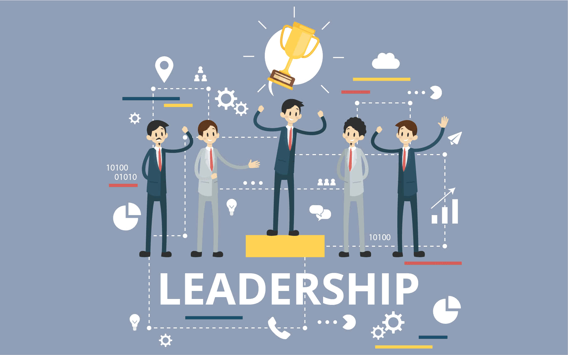 Leadership 桌布 壁紙 — 五個風格化的商業人物在藍色背景前用獎盃和數據圖標慶祝領導成功。