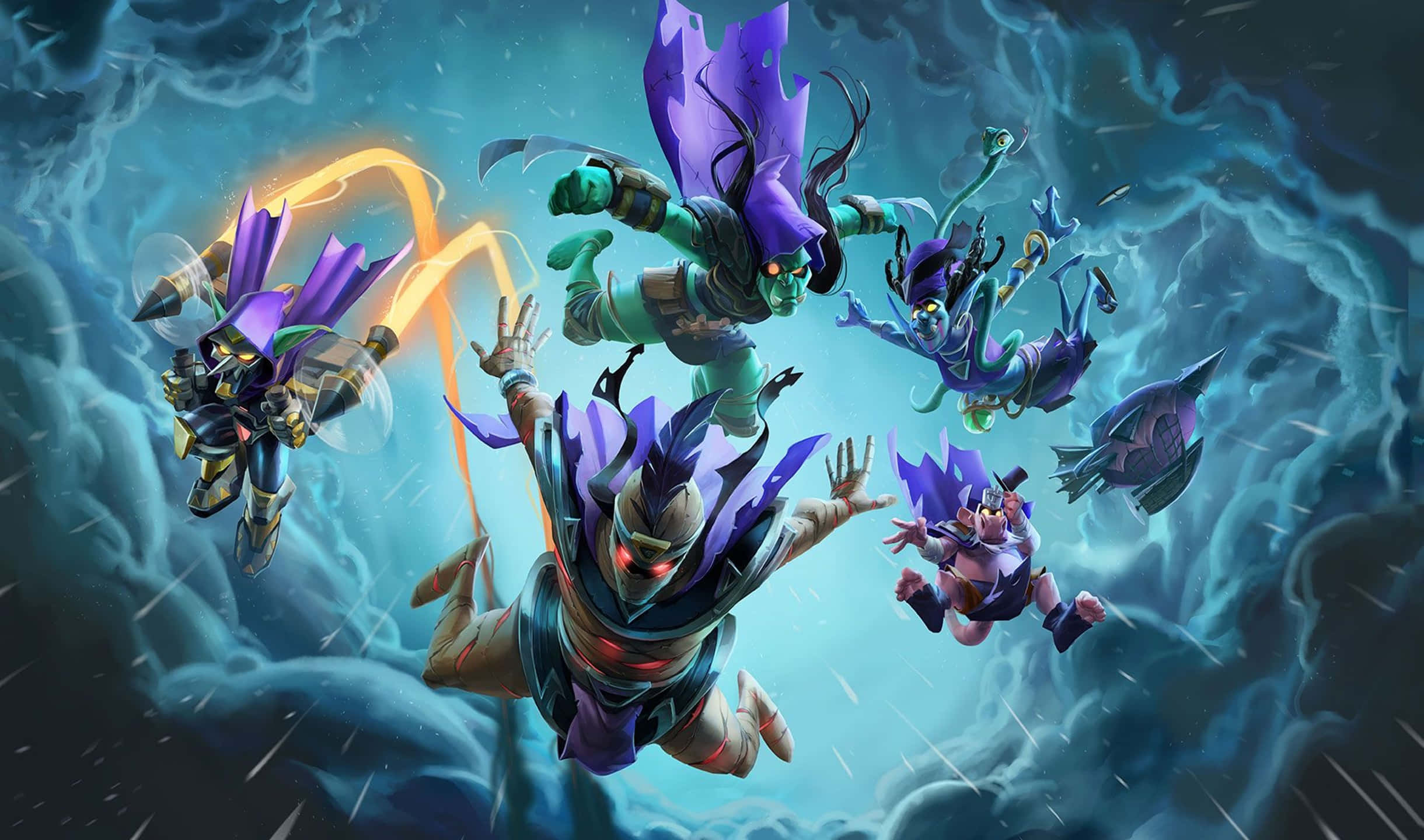 2440x1440 Hearthstone 桌布 壁紙 — 五個風格化的奇幻角色，擁有紫色翅膀，在風暴般的青綠色天空中翱翔，周圍是旋轉的雲層和閃電。