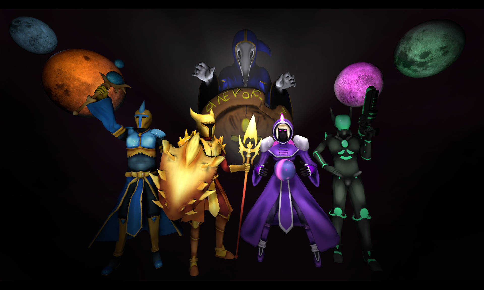 Terraria Moon Lord 桌布 壁紙 — 五個風格化的奇幻角色在黑暗的宇宙背景下英勇站立，周圍有漂浮的行星。