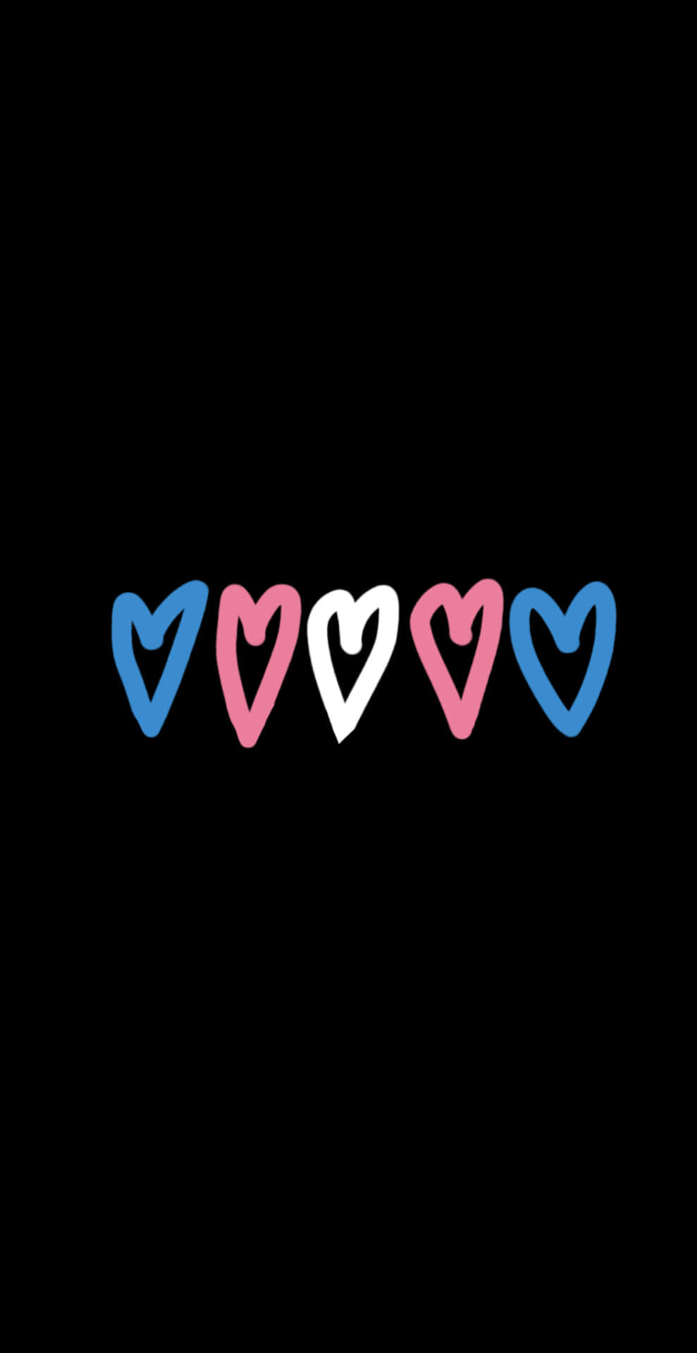 Trans Flag 桌布 壁紙 — 五個風格化的心形，分別為藍色、粉紅色和白色，水平排列在純黑色背景上。
