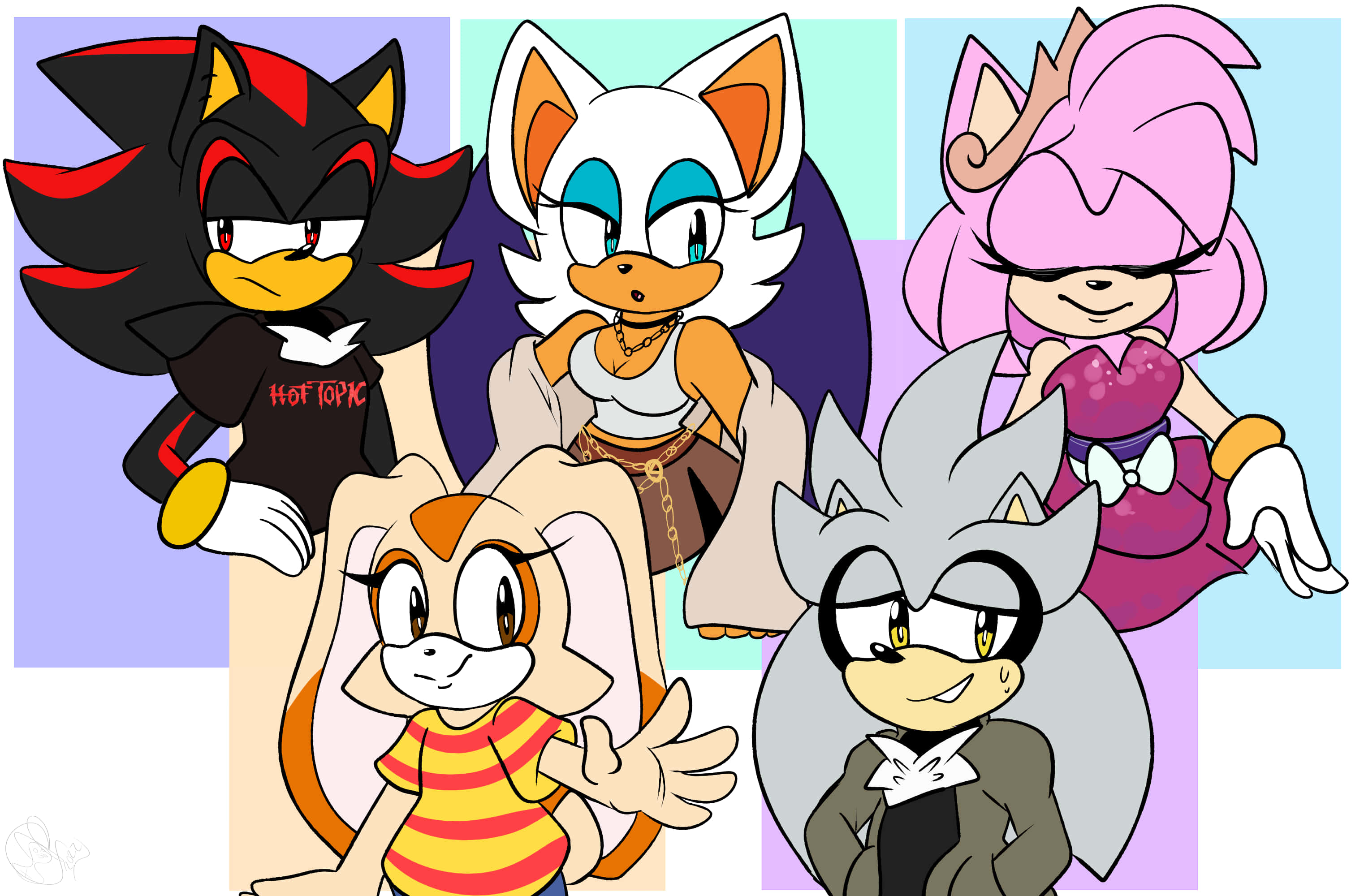 Sonic Characters 桌布 壁紙 — 五個風格化的擬人化角色，穿著不同的服裝和表情，在粉彩塊背景前擺姿勢。