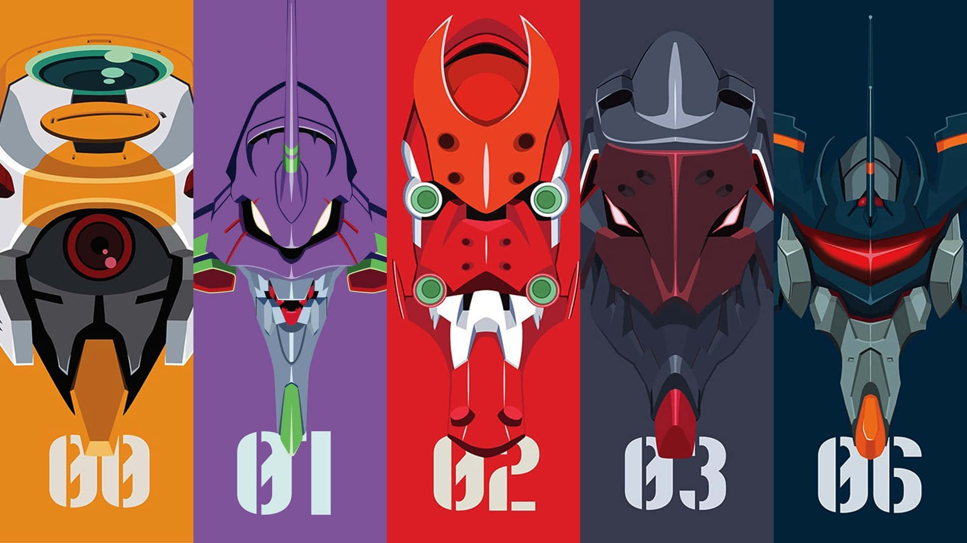 Eva-00 桌布 壁紙 — 五個風格化的機甲頭盔在鮮豔的垂直面板中正面朝前，每個標有00到06。