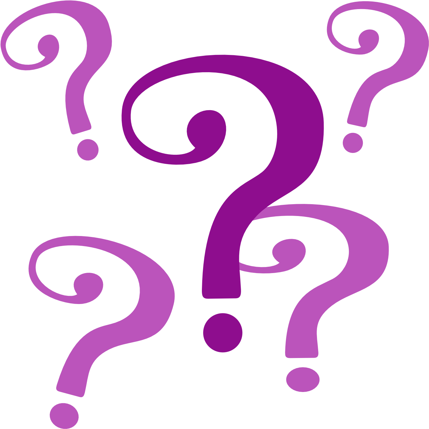 Questions 桌布 壁紙 — 五個風格化的紫色問號在純黑色背景上旋轉，構成一個俏皮的抽象構圖。