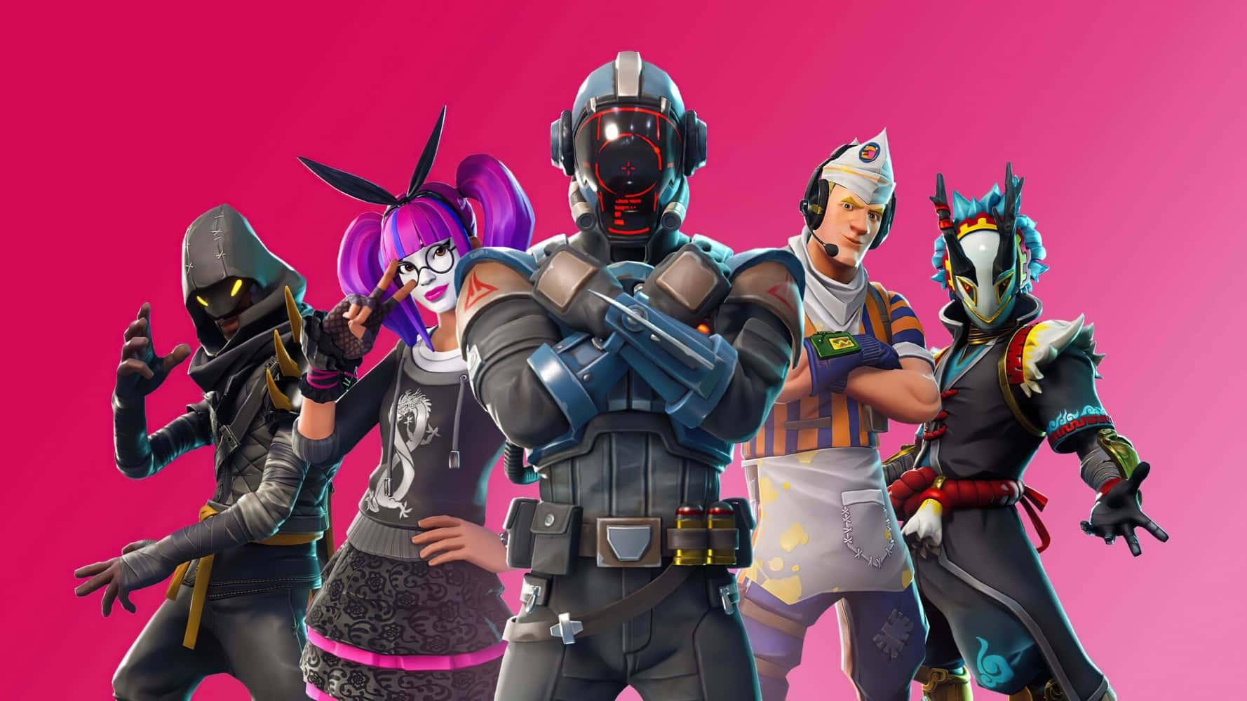 Fortnite 桌布 壁紙 — 五個風格化的要塞英雄角色穿著鮮豔服裝，在純粉紅色背景前自信地擺姿勢。