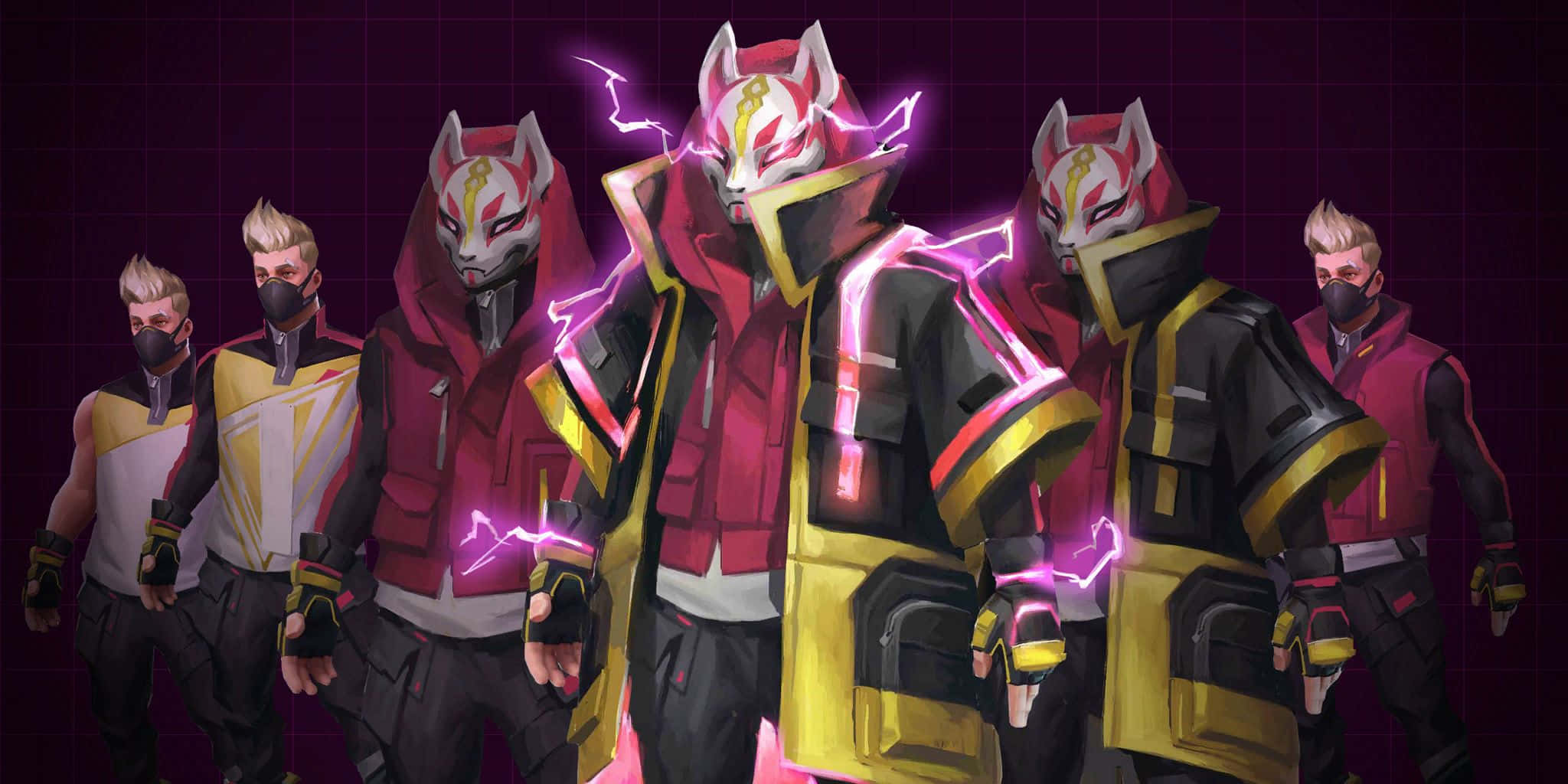 Fortnite 造型 桌布 壁紙 — 五個風格化的角色，身穿紅、黃、黑色服裝，戴著狐狸面具，帶有發光的紫色閃電效果，站在深色網格背景前。