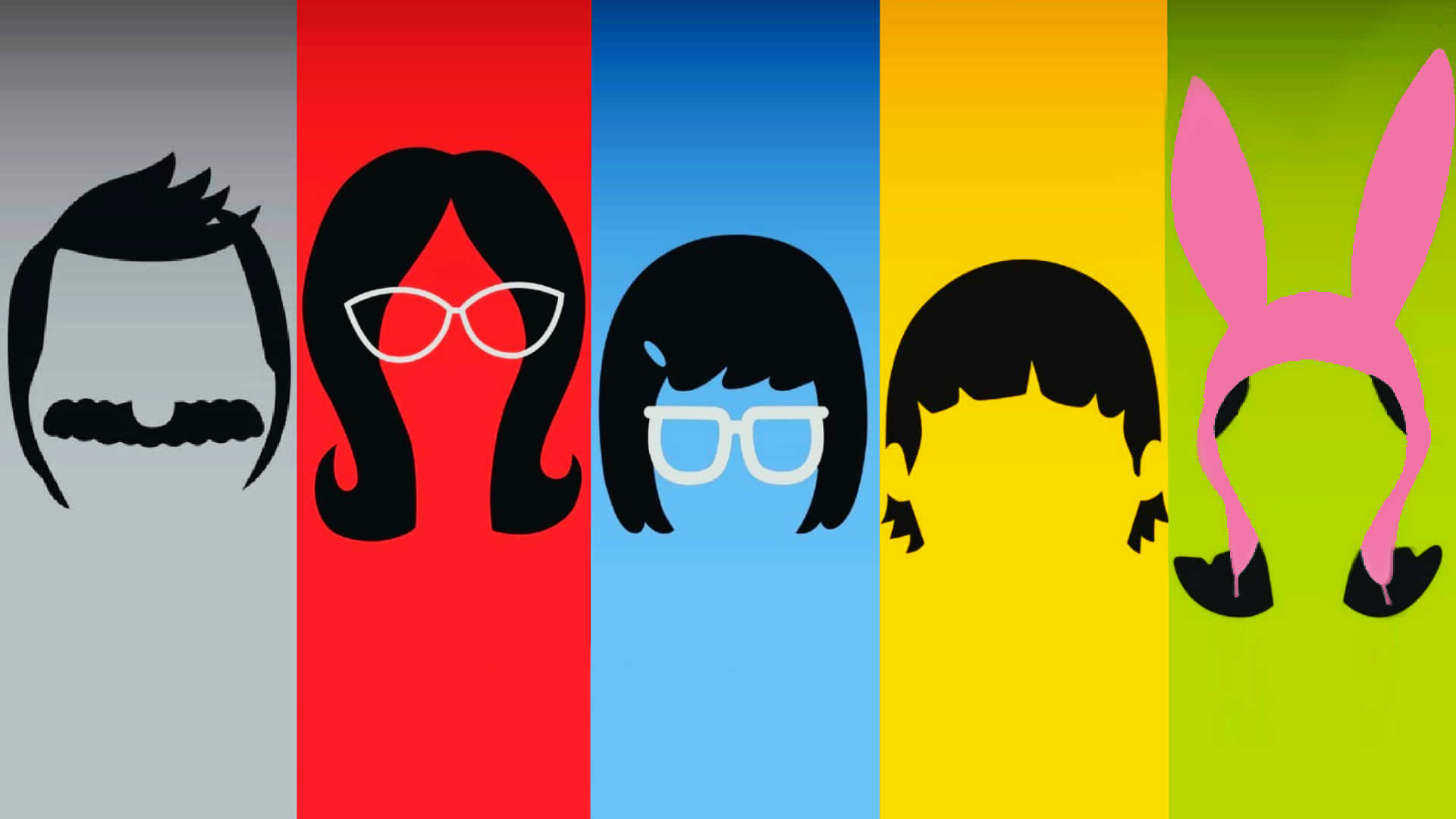 bob's burgers 桌布 壁紙 — 五個風格化的角色剪影，具有不同的髮型和眼鏡，襯托著大膽的彩色垂直條紋。