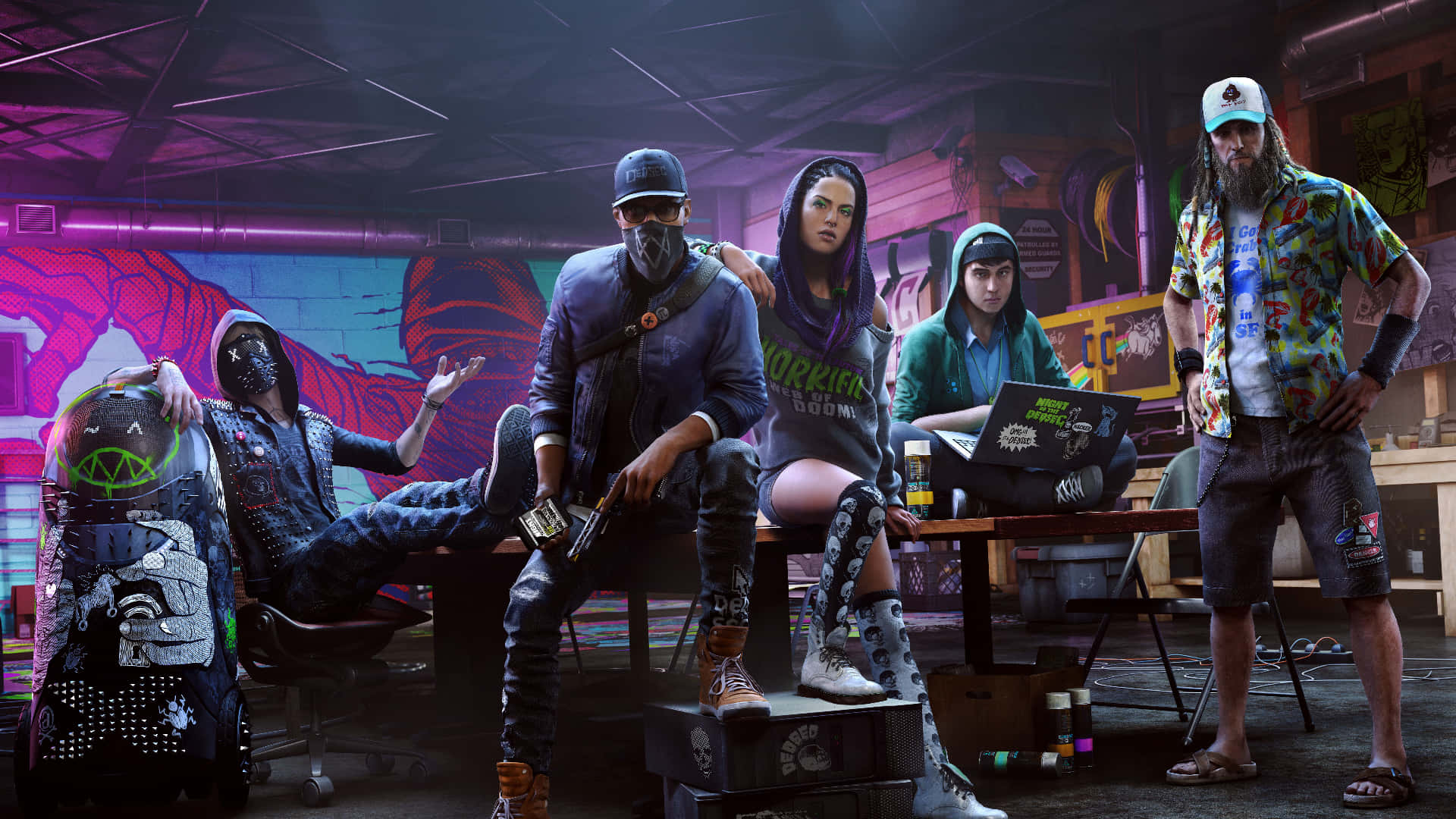 Xbox Games 桌布 壁紙 — 五個風格化的角色在霓虹燈車庫中，在戲劇性的紫色燈光下與塗鴉牆和滑板擺姿勢。