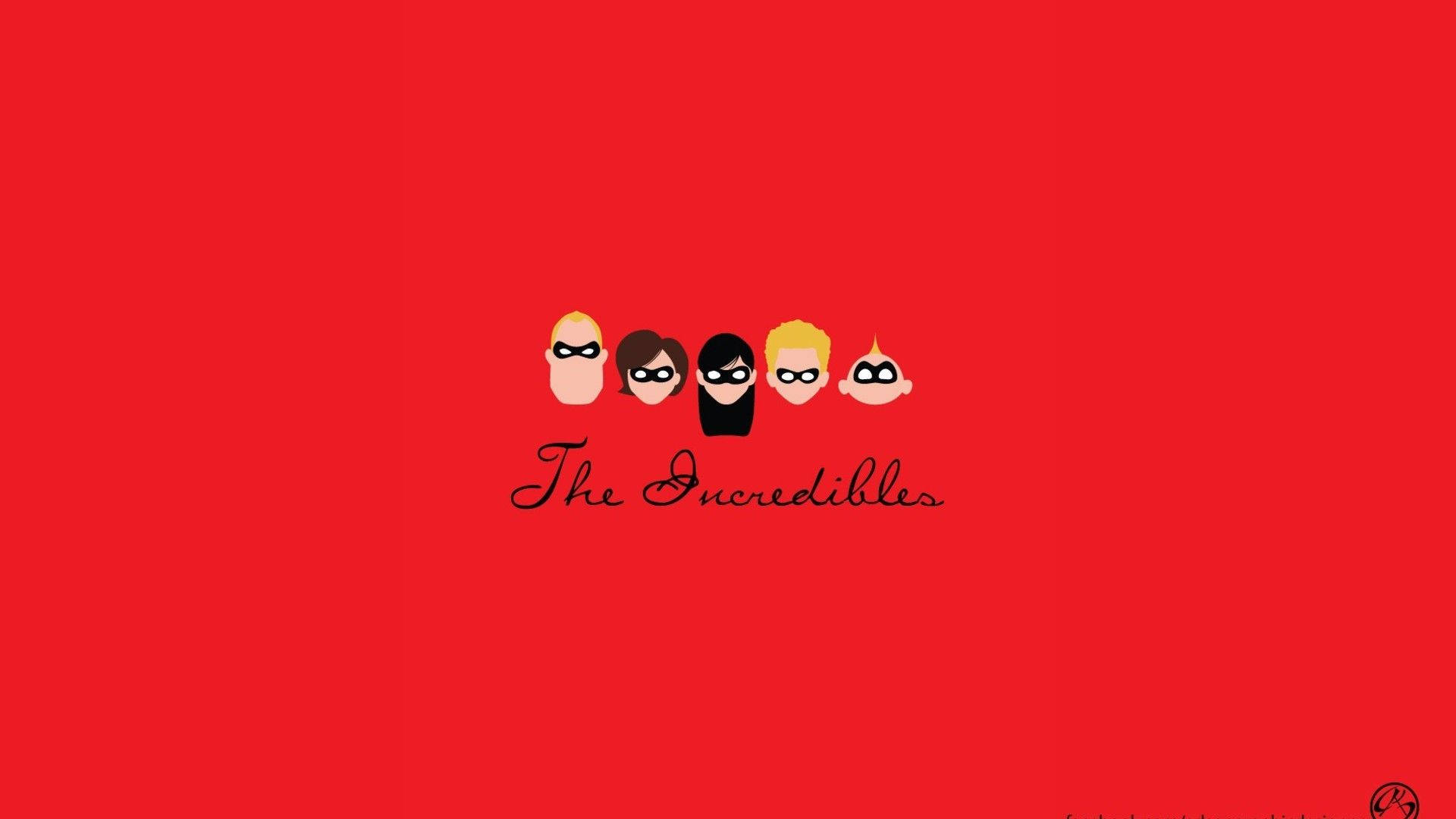 The Incredibles 桌布 壁紙 — 五個風格化的超級英雄面具面孔，站在大膽的紅色背景上，並以優雅的字體寫上標題「The Incredibles」。