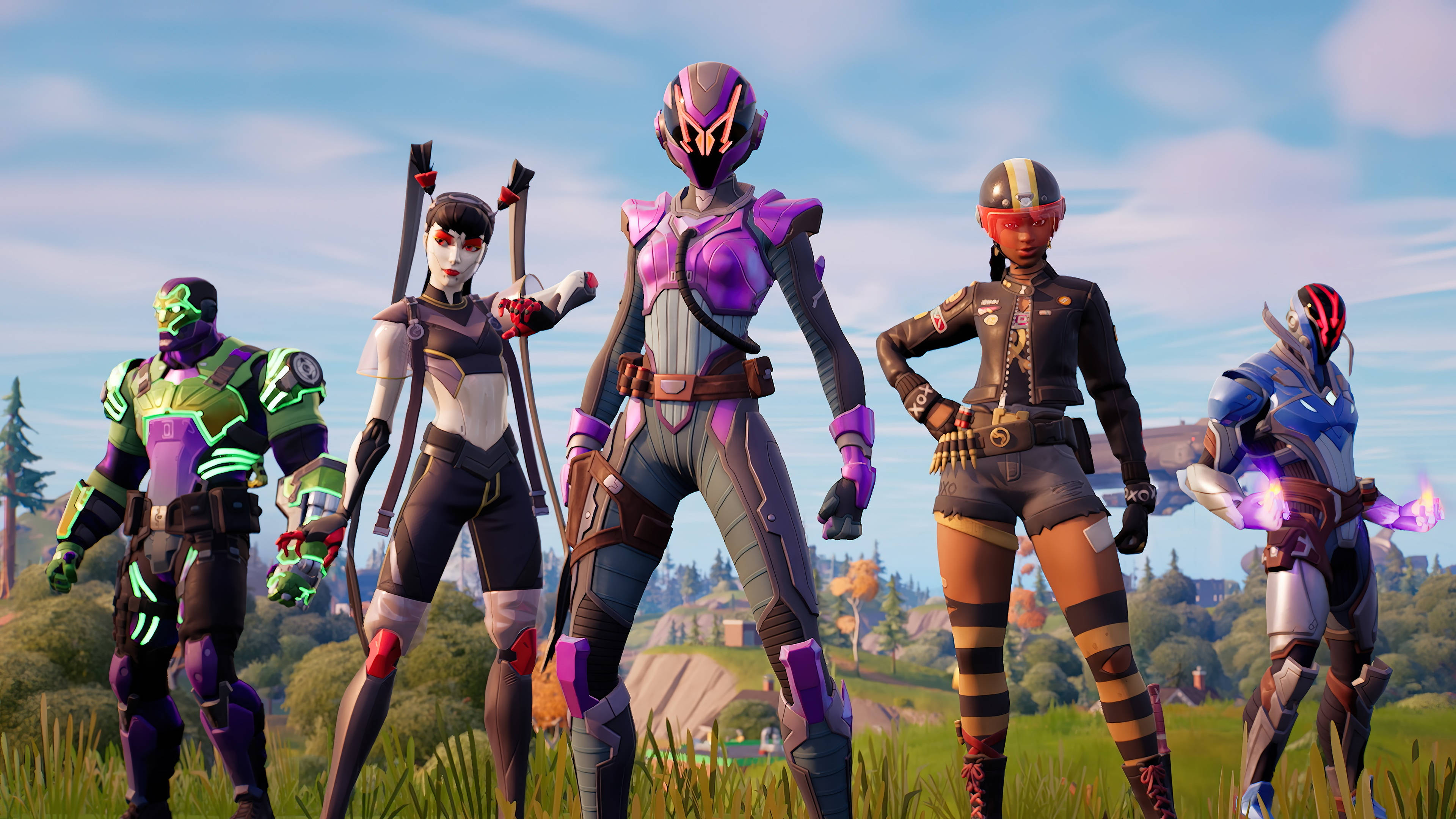 Fortnite Chapter 3 桌布 壁紙 — 五個風格化的電子遊戲角色穿著未來主義盔甲，自信地站在青草山坡上，頭頂明亮的藍天。