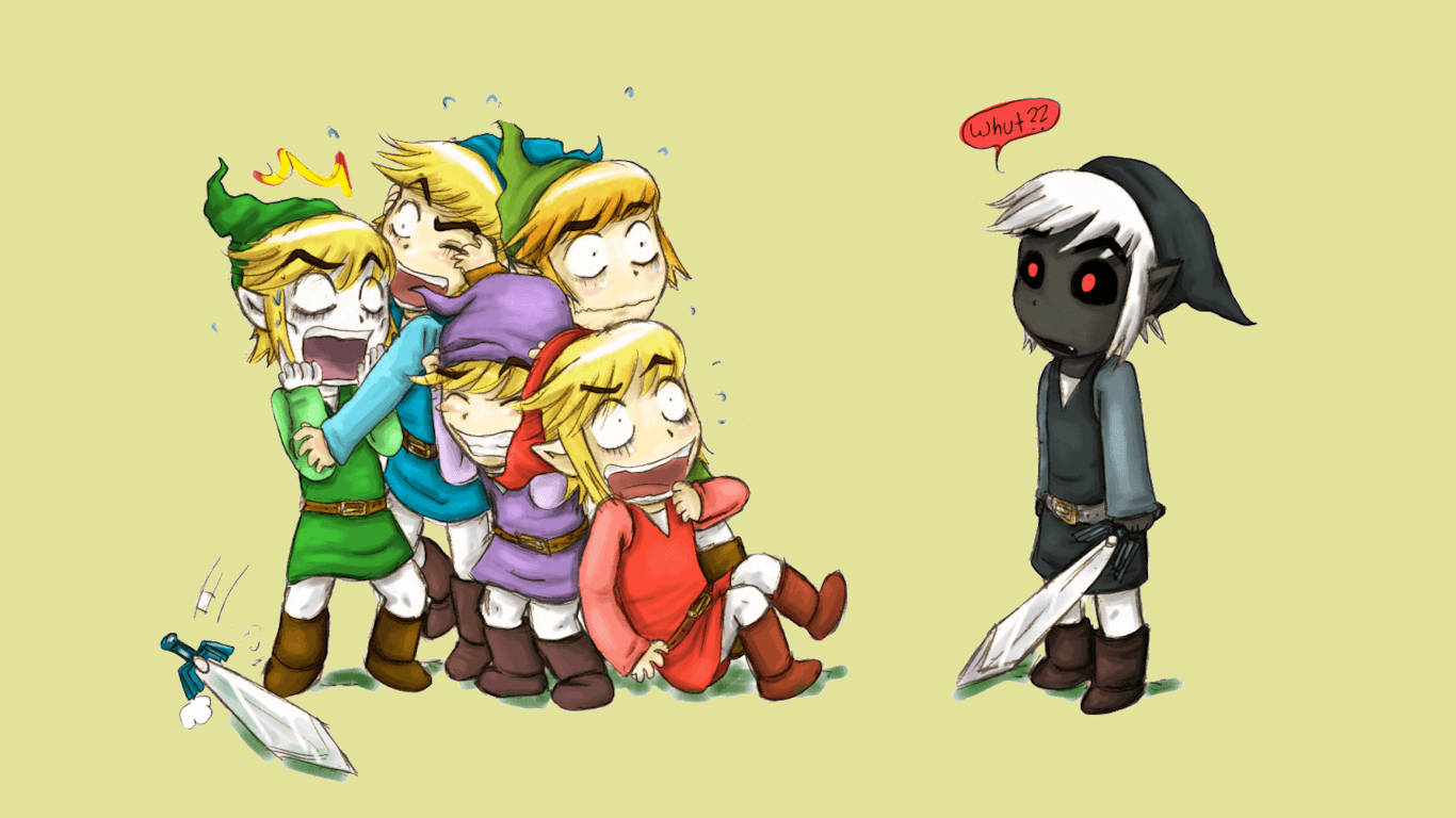 林克 桌布 壁紙 — 五個驚恐的chibi Link角色擠在一起尖叫，而一個帶有紅眼和劍的黑暗陰影人物威脅性地站在附近。