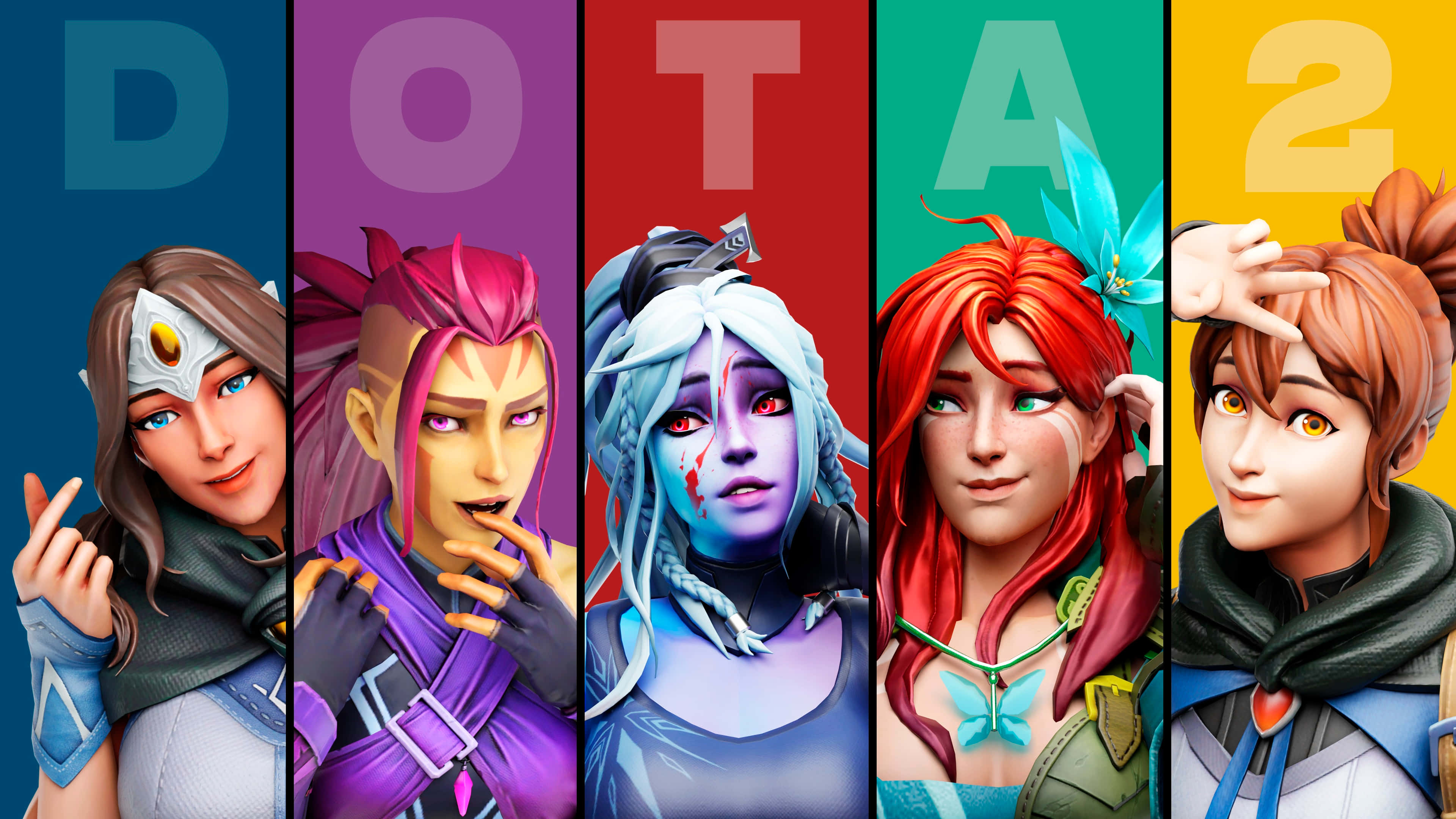 4K 桌布 壁紙 — 五個鮮豔的Dota 2英雄肖像顯示在彩色背景上，每個角色上方有遊戲標題字母。
