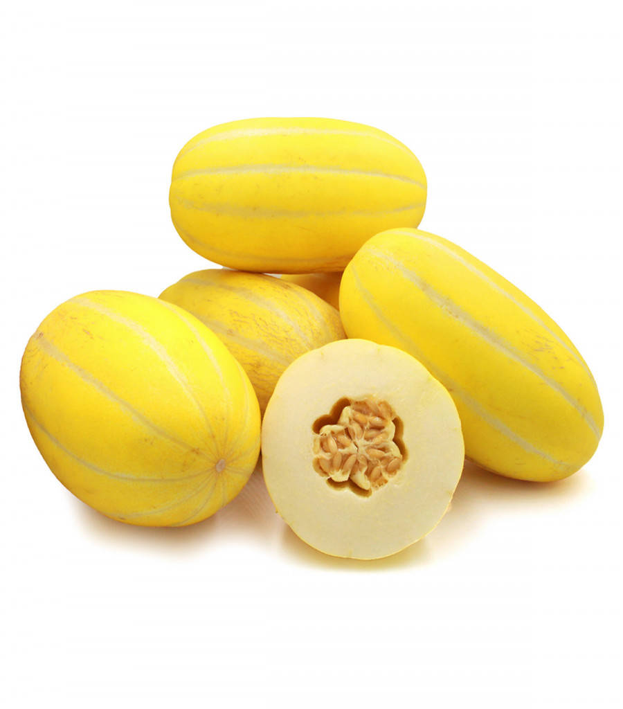 Fruit 桌布 壁紙 — 五個鮮黃色的蜜瓜，其中一個被切開，露出淡黃色的果肉和種子中心，背景為純白色。