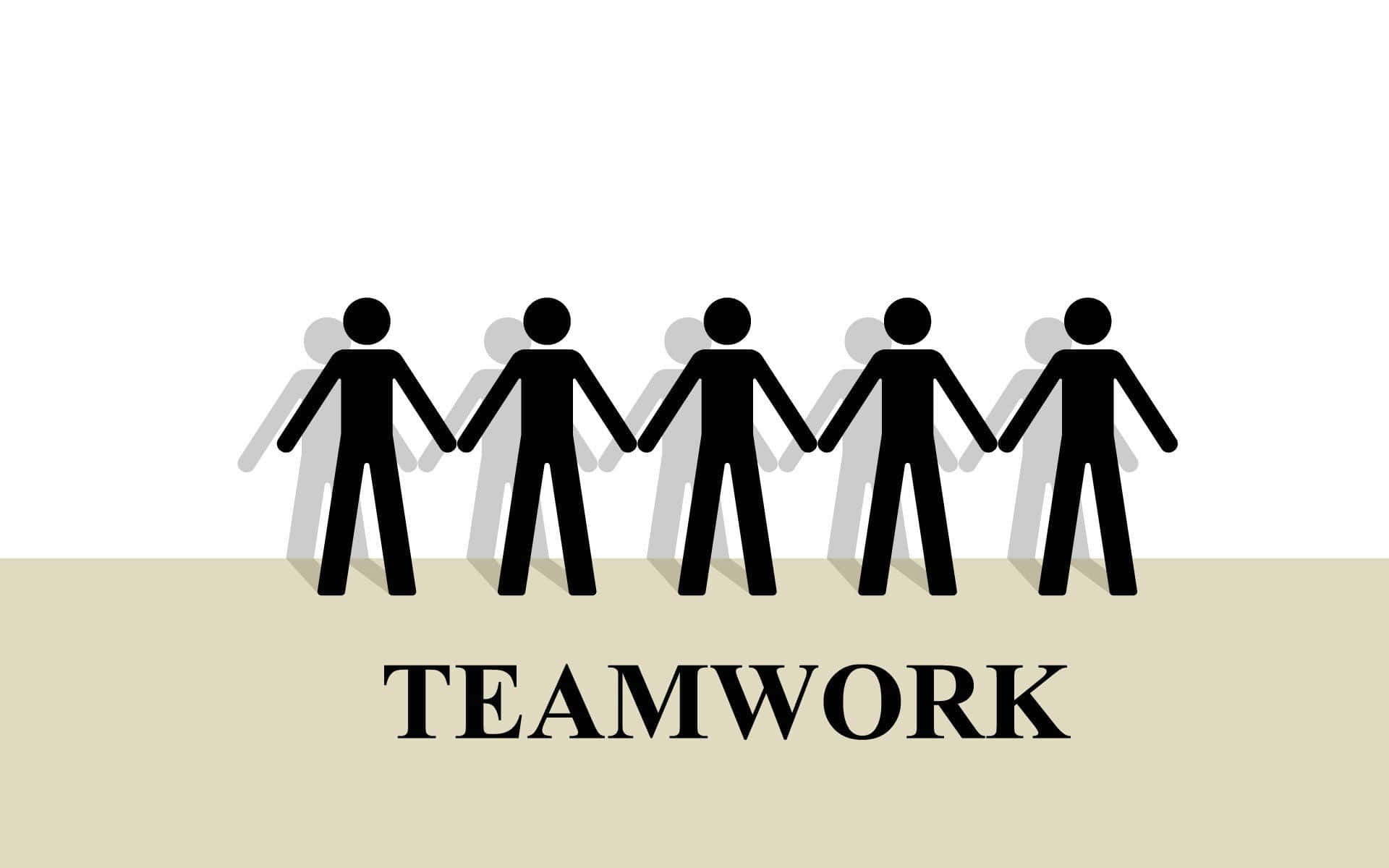 Teamwork 桌布 壁紙 — 五個黑色火柴人在米色背景前手牽手排成一線，下方有 teamwork 字樣。