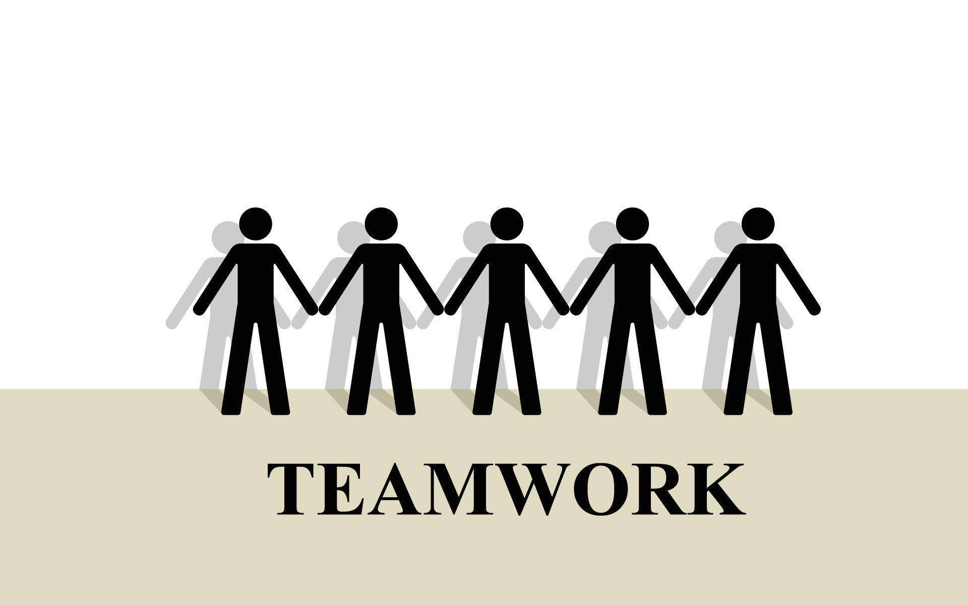 Teamwork 桌布 壁紙 — 五個黑色火柴人排成一線手牽手，背景為白色，下方有「teamwork」一詞。