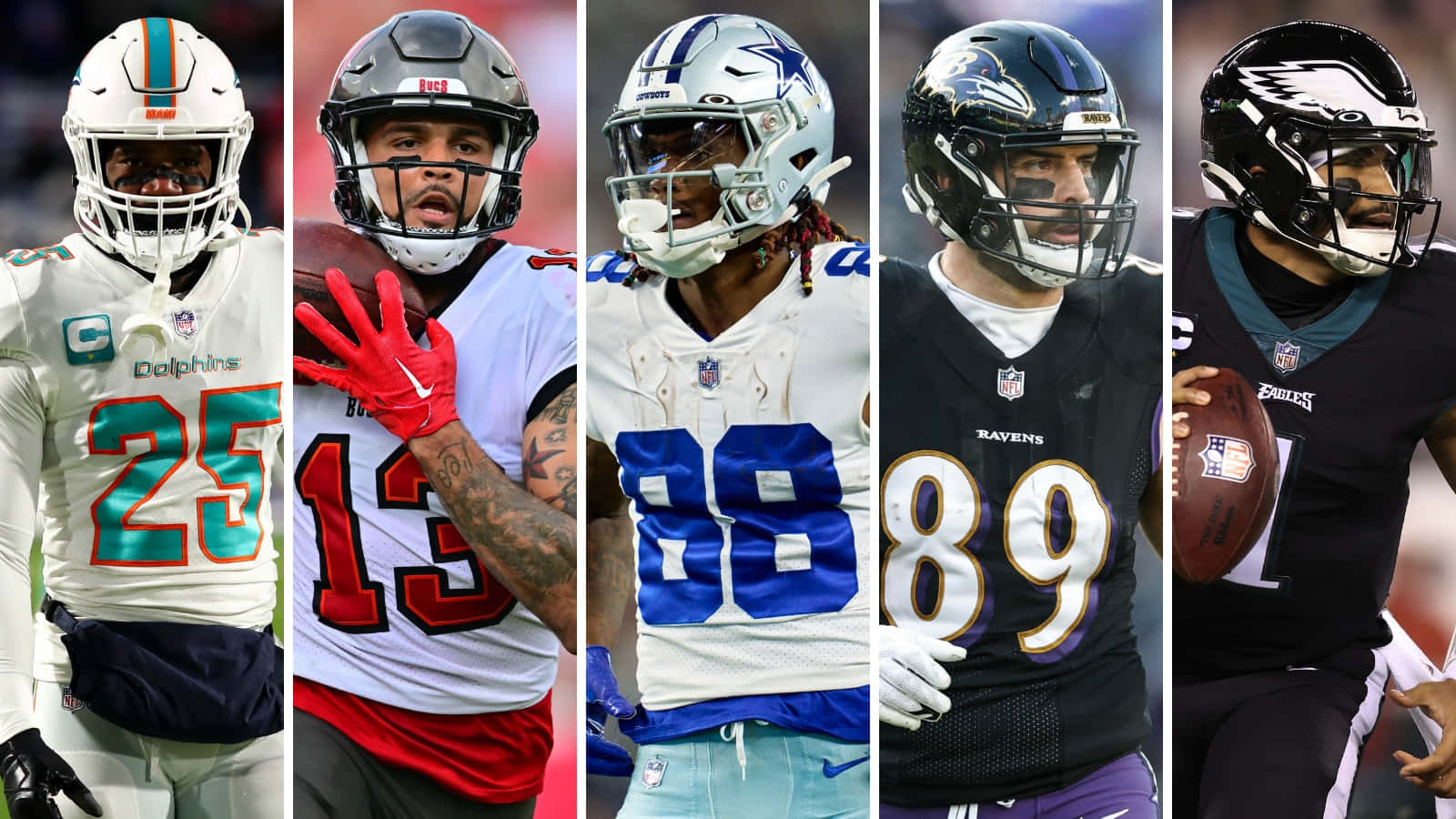 足球 桌布 壁紙 — 五名NFL美式足球運動員全副裝備，在球場背景下擺出強烈姿勢。