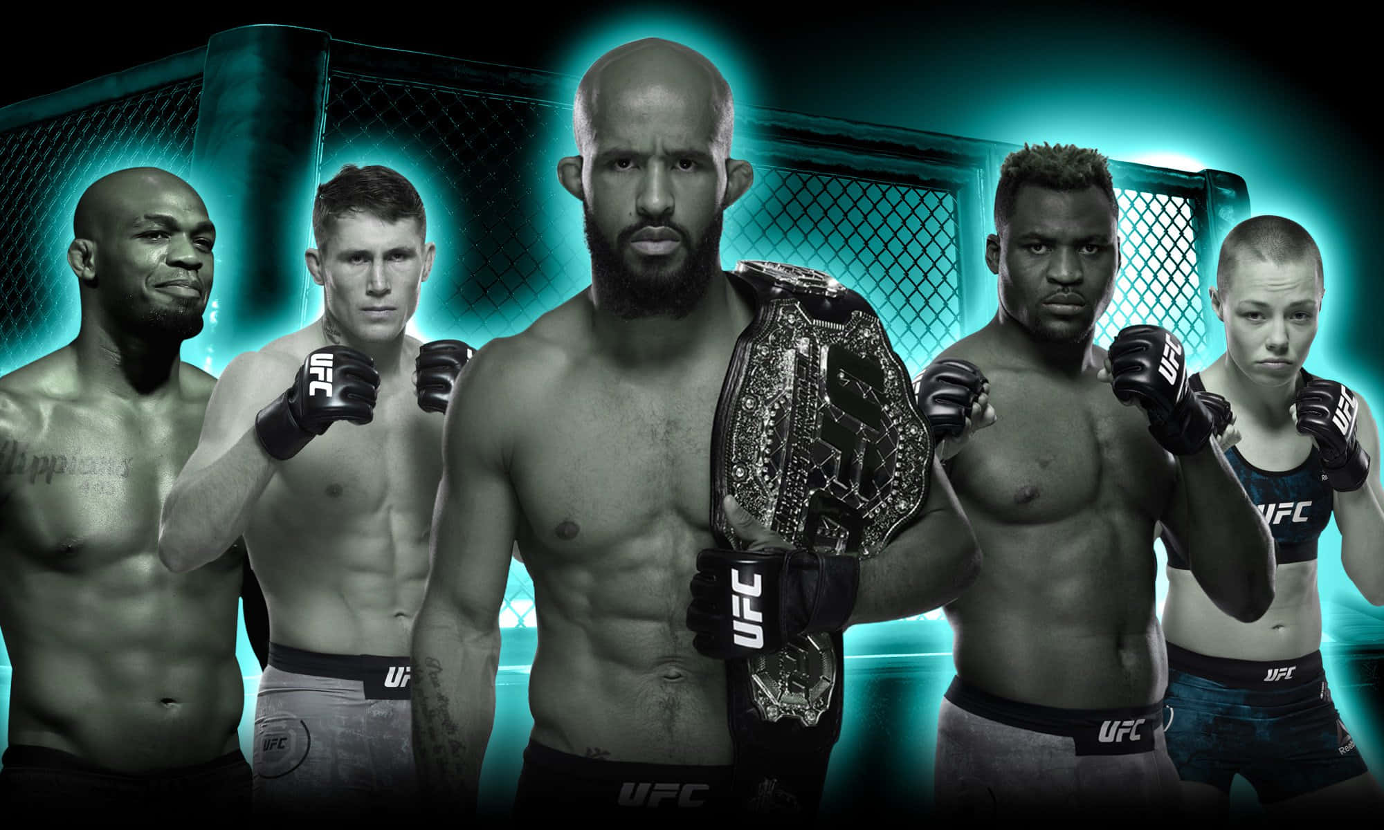 MMA 桌布 壁紙 — 五名UFC拳手以戰鬥姿勢站立，冠軍腰帶在八角籠中的青綠色燈光下閃耀。