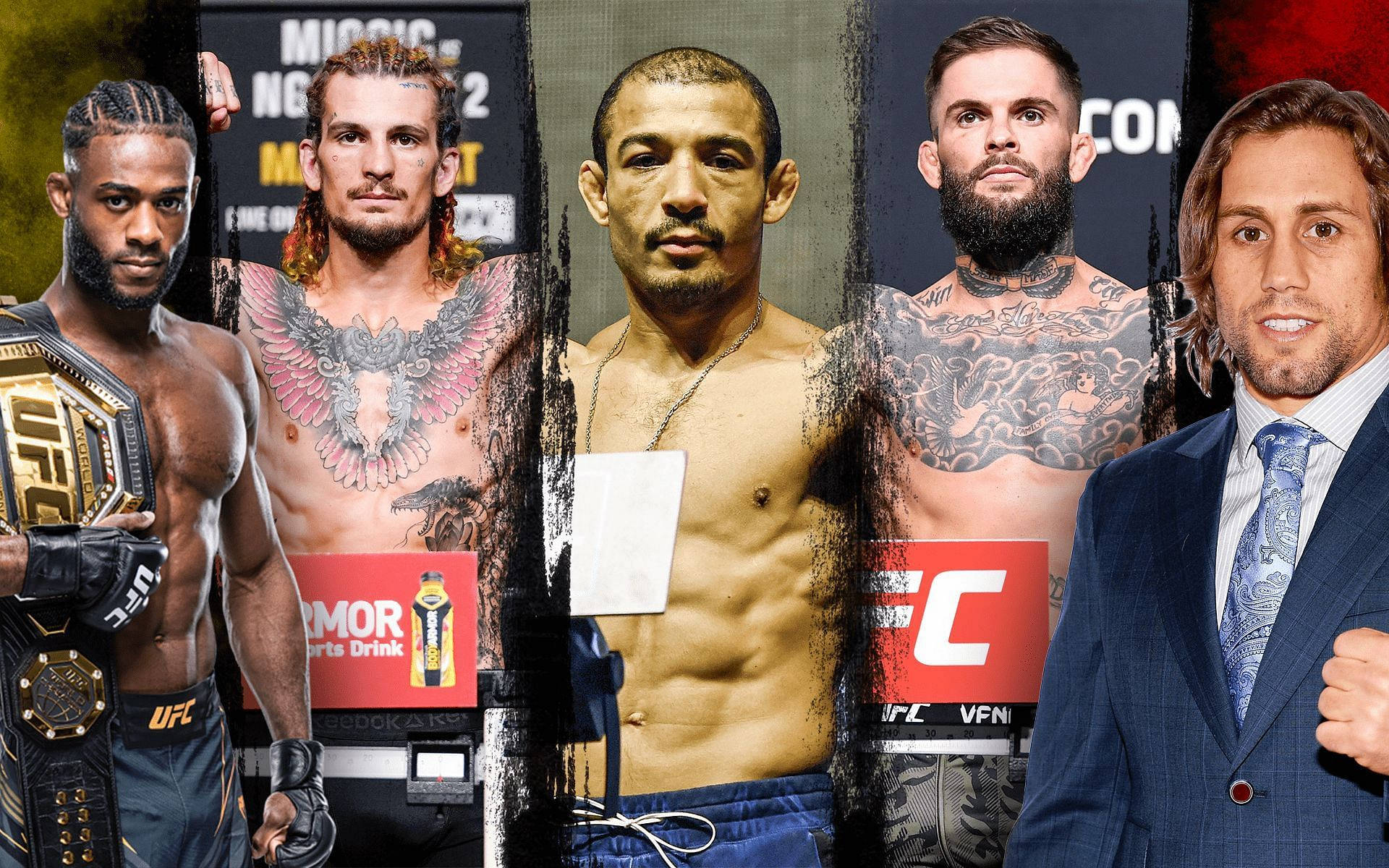UFC 桌布 壁紙 — 五名UFC拳手和一名西裝男子在展示冠軍腰帶和贊助商標誌的品牌背景前自信地擺姿勢。